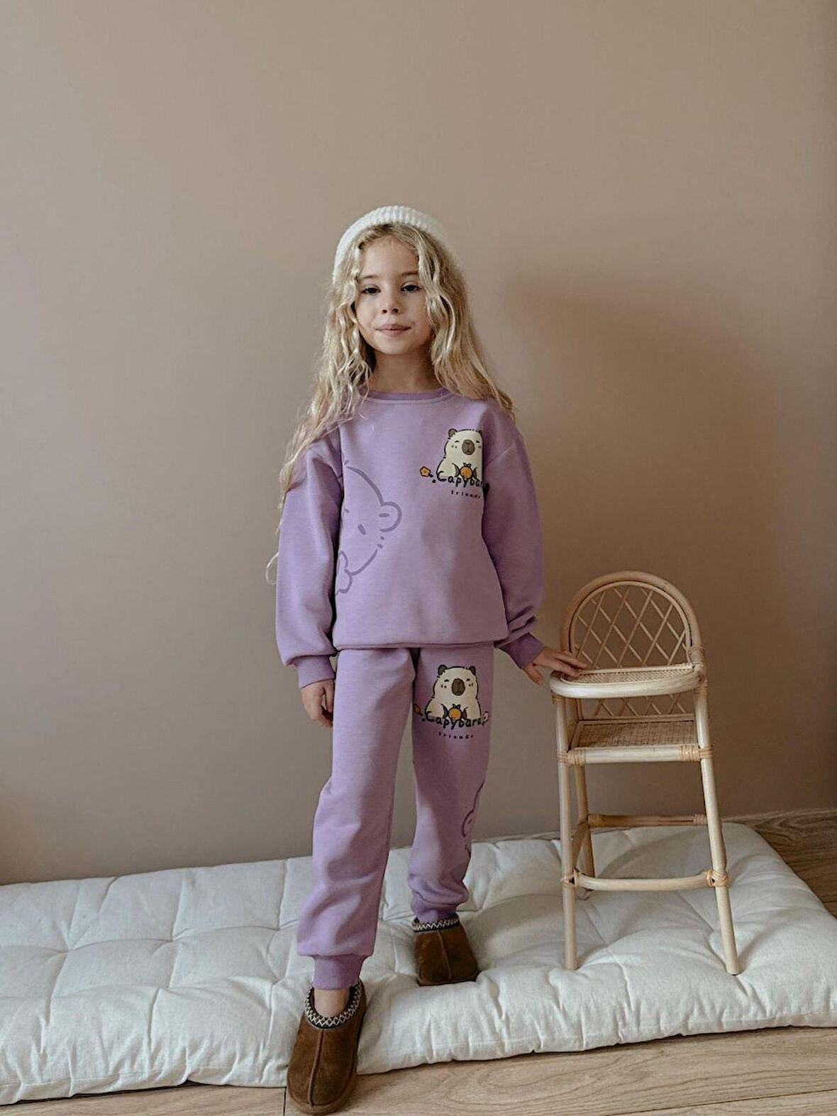 Cg Kids Capybara Kız Çocuk 3 iplik Şardon Kumaş Alt Üst Takım Süper Kalite Sırt Baskı Detaylı Mor Renk