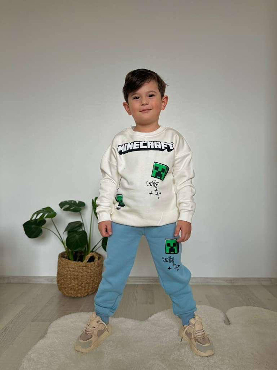 Cg Kids Minecraft Erkek Çocuk 3 İplik Şardonlu Alt Üst Takım Süper Kalite Kumaş Sırt Baskı Detay