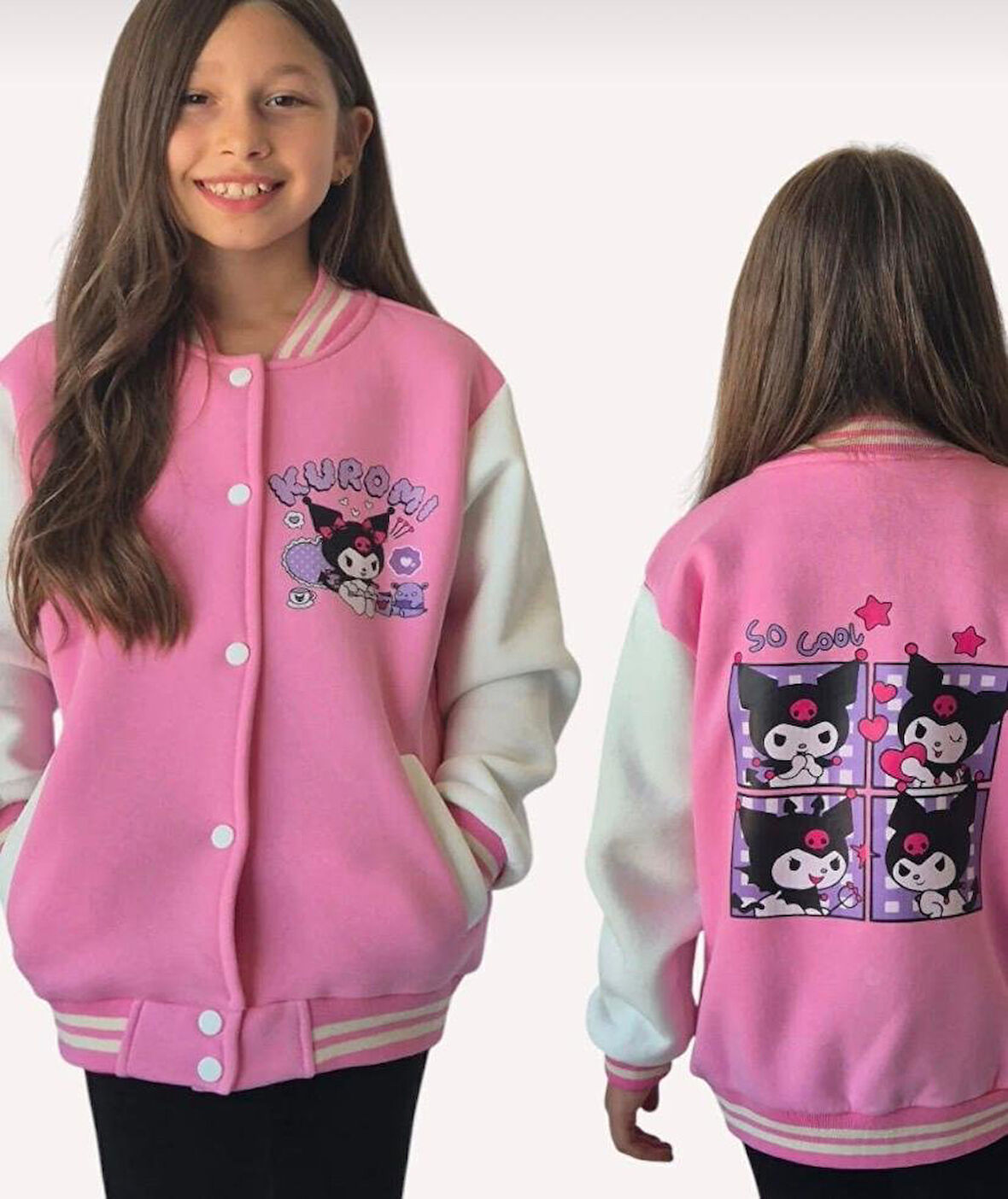 Cg Kids Kuromi içi Şardonlu Sırt Baskı Detaylı Kolej Ceket Pembee Renk Süper Kalite Kumaş Baskı