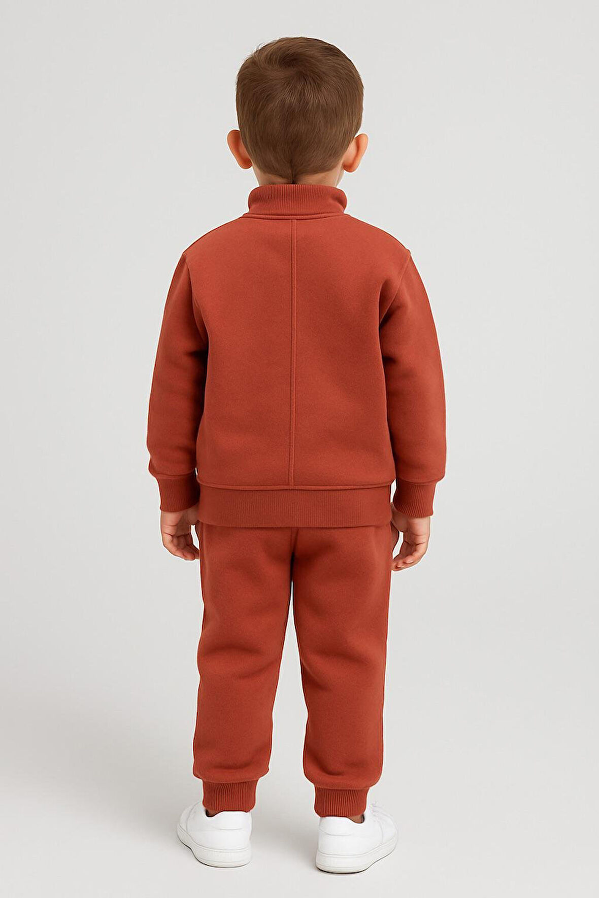 Cg Kids Tatlı kiremit rengi içi pamuklu 3 ip şardonlu dik yaka yarım fermuar ön kanguru dikişli cep erkek çocuk alt üst takım