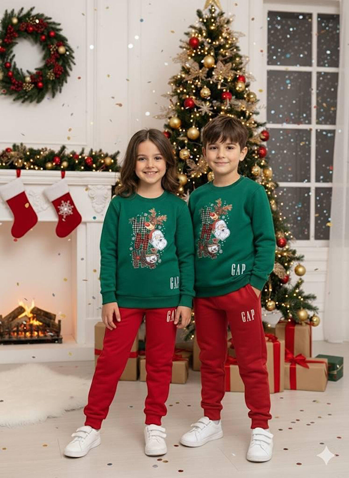 Cg Kids yılbaşı ho ho ho baskı temalı 3 iplik şardonlu Alt Üst Takım unisex Süper Kalite Kumaş