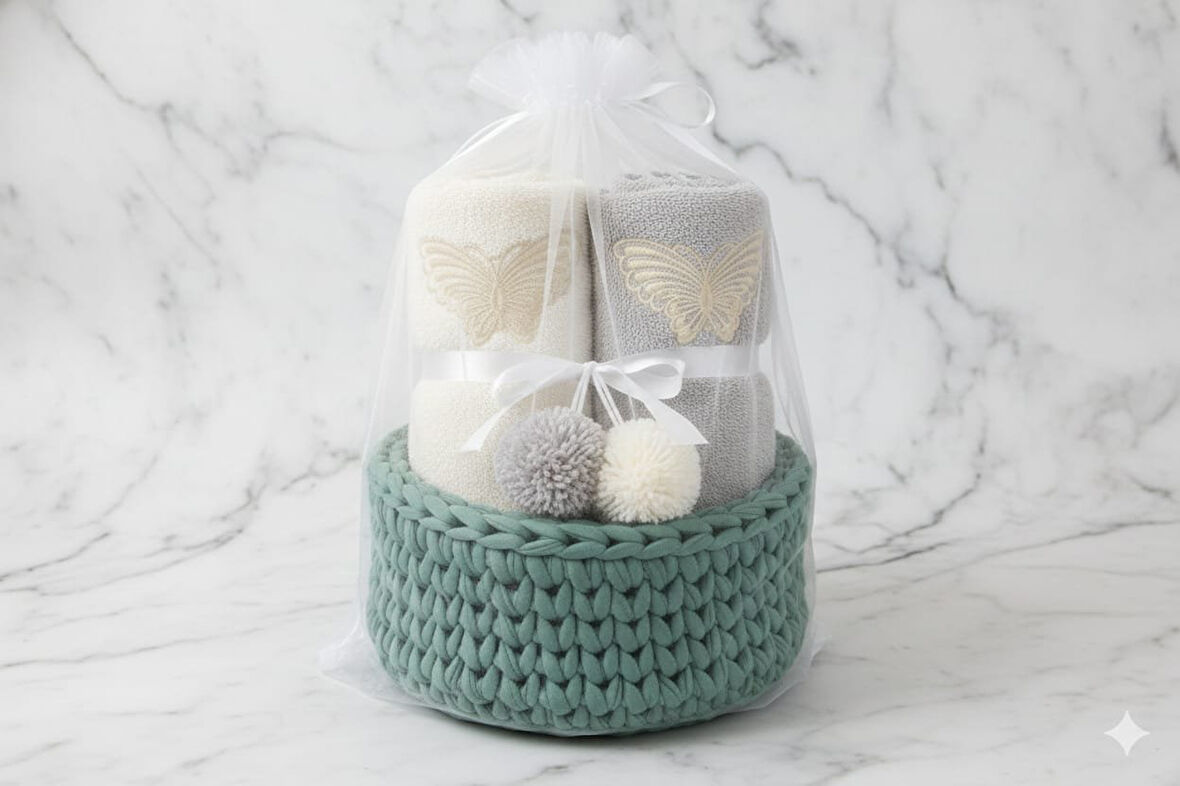 Çiçek Nakışlı Örgü Sepetli 2'li Premium El ve Yüz Havlu Seti – Hediyelik – %100 Pamuk – Yumuşak Dokulu