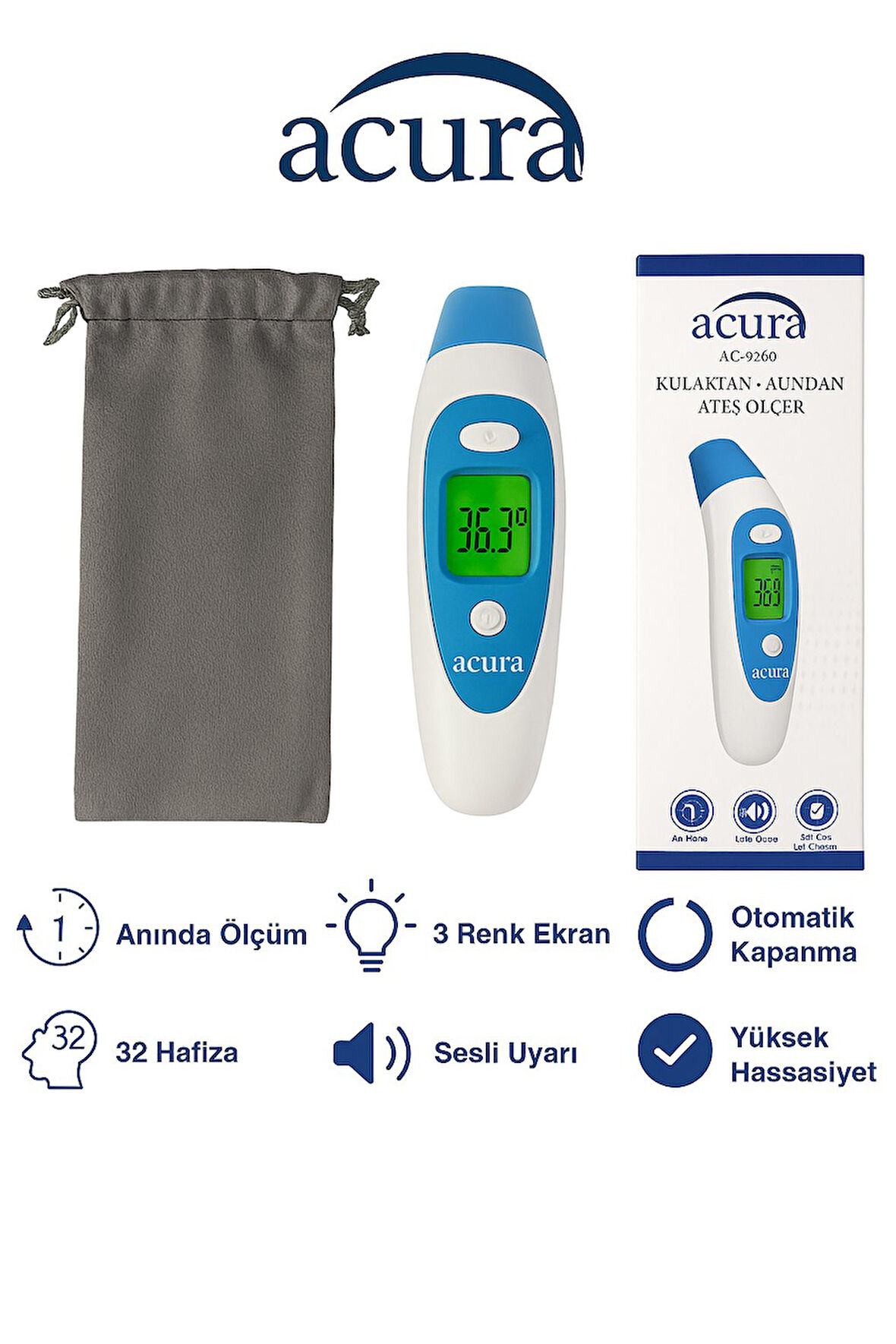 AC-9280 Kulaktan Ateş Ölçer, Alından Ateş Ölçer, Çantalı, 3 Renk Ekran, Yüksek Hassasiyet