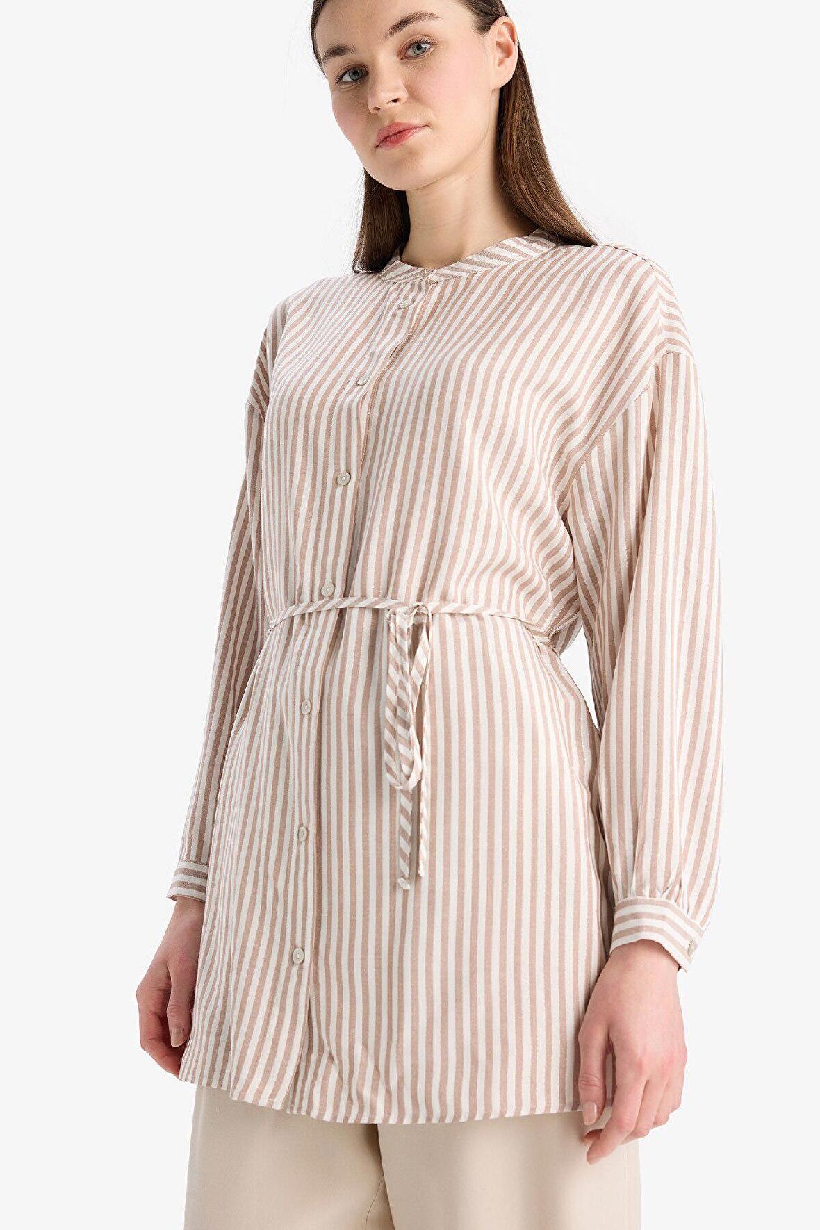 DeFacto Relax Fit Çizgili Uzun Kollu Bağcıklı Gömlek Tunik E5360AX25SPBN287