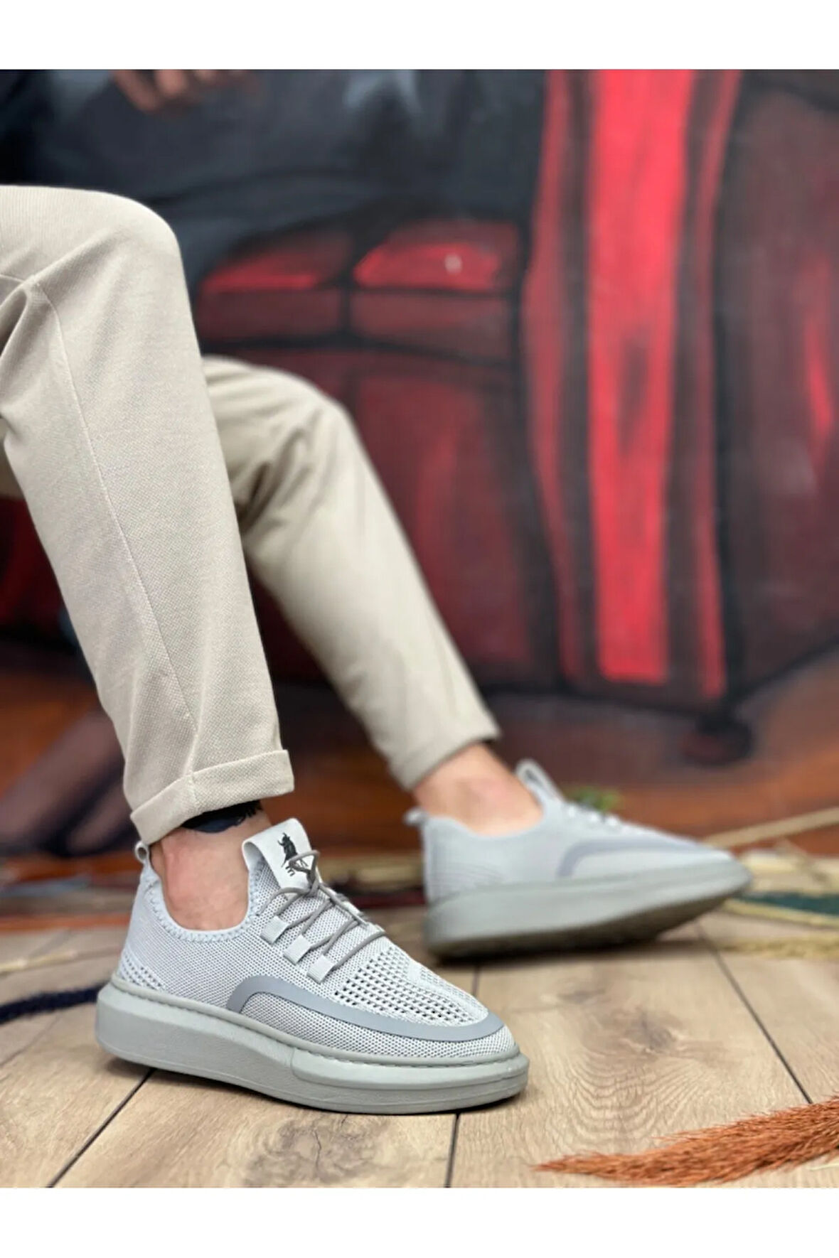 BA0375 Özel Örme Triko Tarz Gri Renk Spor Ayakkabı