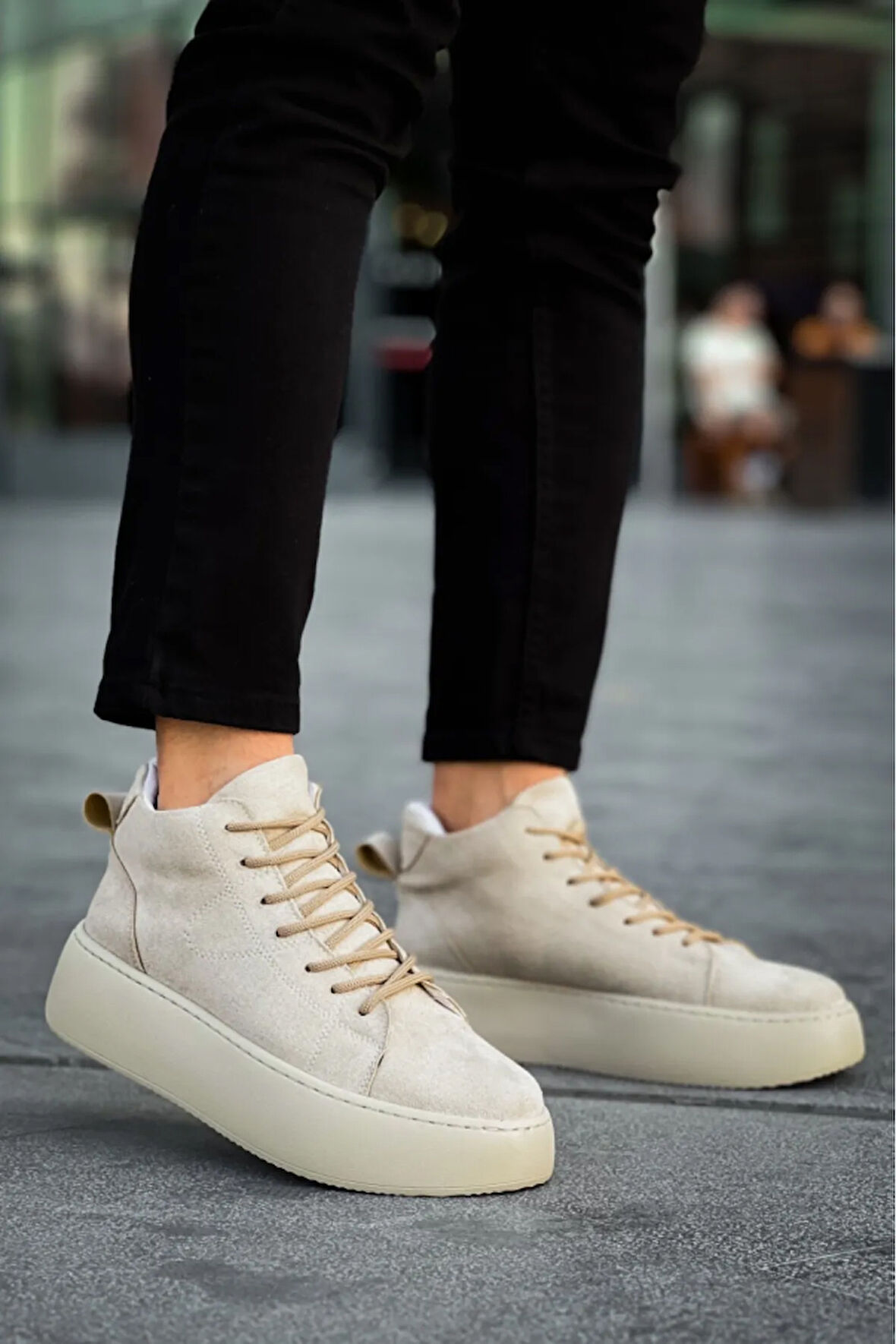 Arda  LE10 Bağcıklı Erkek Yüksek Taban İthal Süet Krem Spor Bot