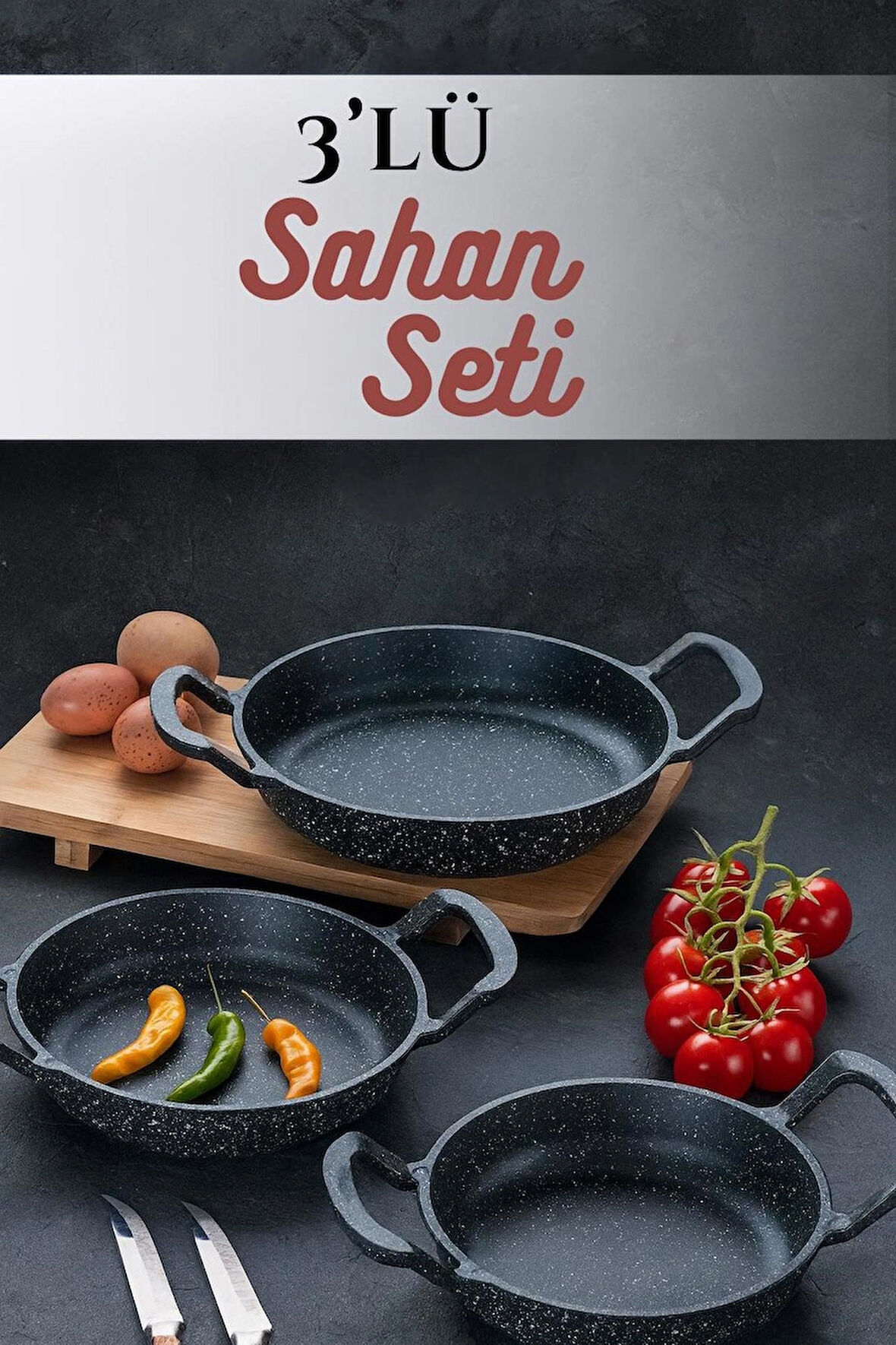 18-20-22 Cm 3’lü Döküm Sahan Seti – Çift Kulplu Yanmaz Yapışmaz