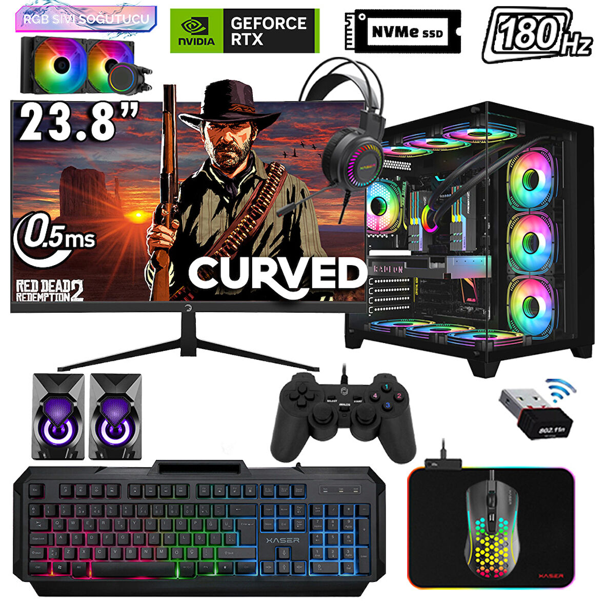 Xaser Sword X33 Ryzen 7 5700X 32GB Ram 1TB M.2 NVMe SSD 8GB RTX4060 Sıvı Soğutmalı 23.8" 180Hz Performans Masaüstü Oyuncu Bilgisayarı