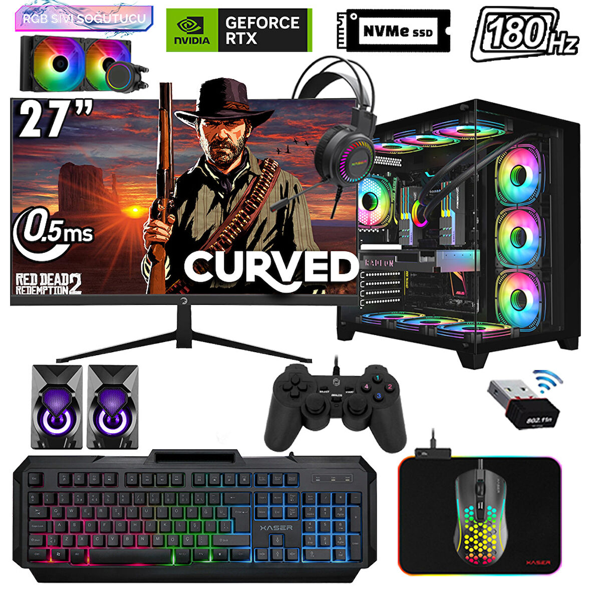 Xaser Sword X52 Ryzen 7 5700X 32GB Ram 1TB M.2 NVMe SSD 8GB RTX5060 Sıvı Soğutmalı 27" 180Hz Performans Masaüstü Oyuncu Bilgisayarı