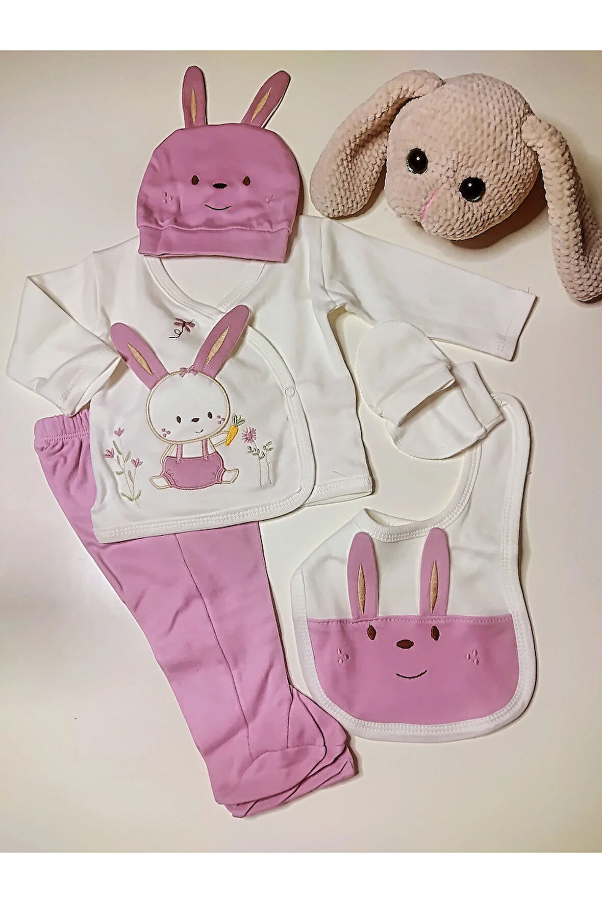 Tavşan detaylı kız bebek hastane çıkışı set