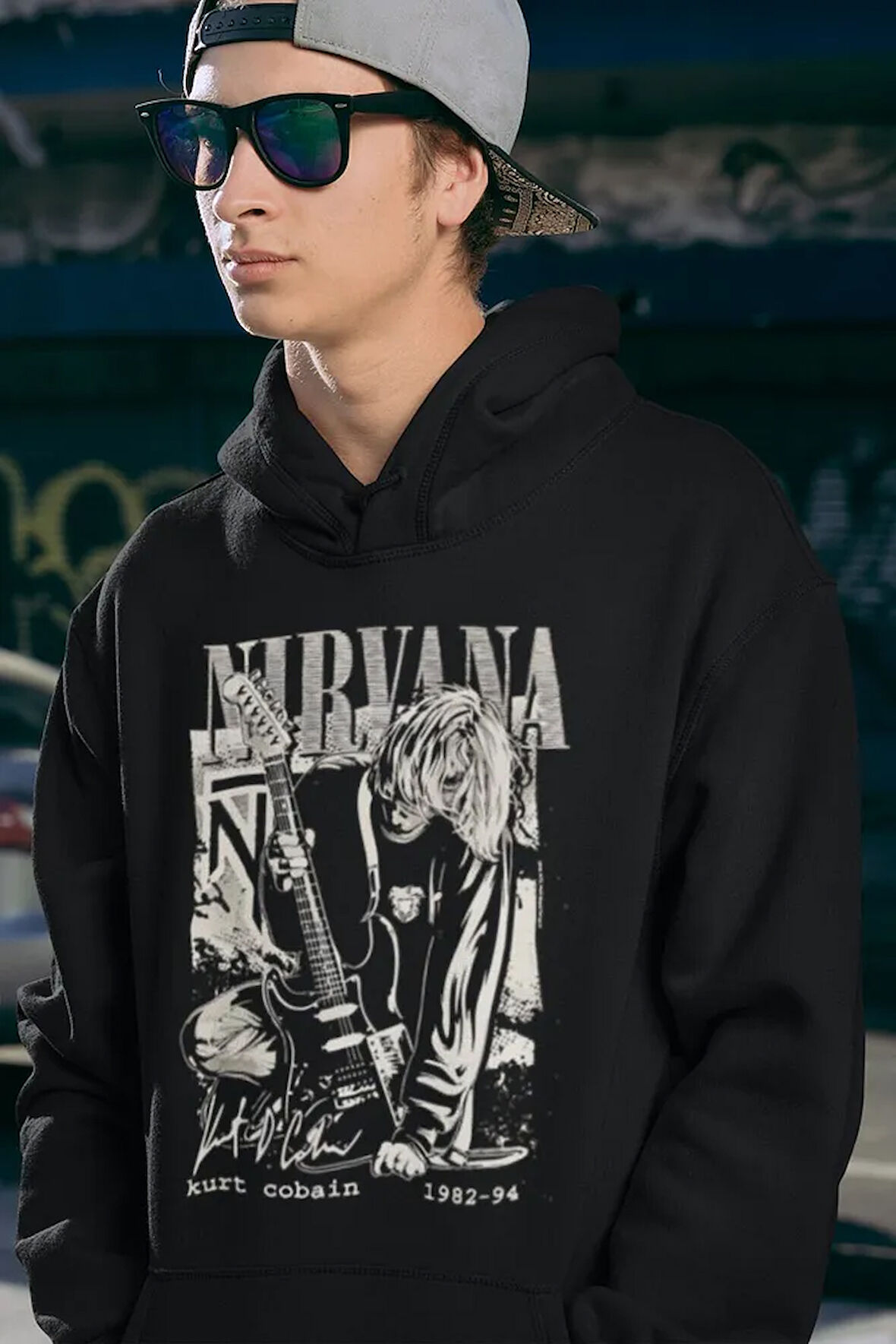 Nirvana Kurt Cobain 1982-94 Baskılı Unisex Oversize Rock Metal Hoodie