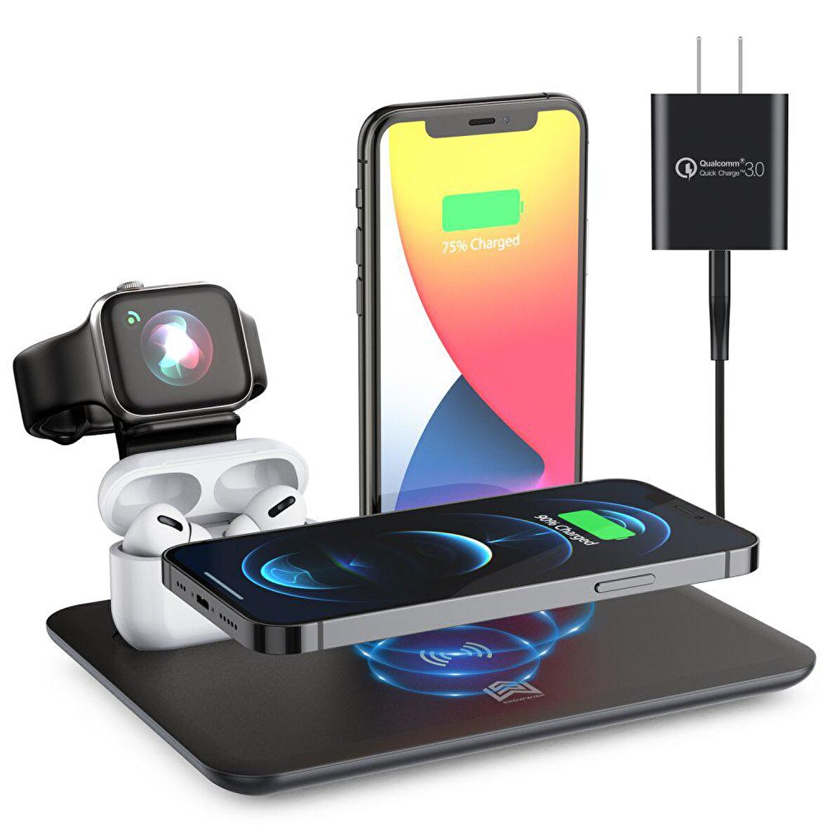 Fuchsia YM-UD17 4in1 Kablosuz Şarj Standı 2xTelefon, Akıllı Saat ve Kulaklık Şarj İstasyonu Hızlı Şarj