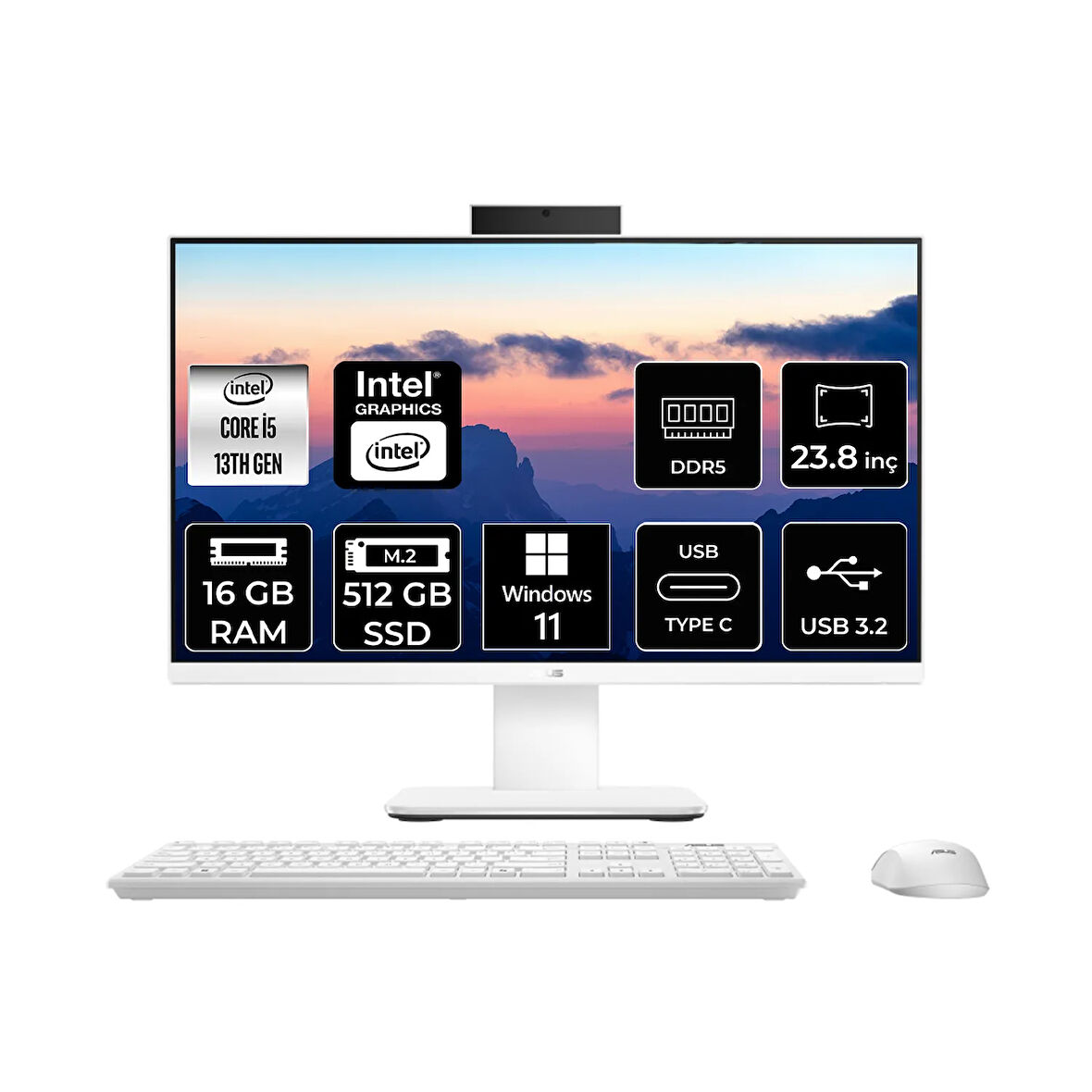 Asus V440 Intel Core i5 13420H 16GB 512GB SSD 23.8" FHD W11P All in One Bilgisayar Beyaz & USB Bellek