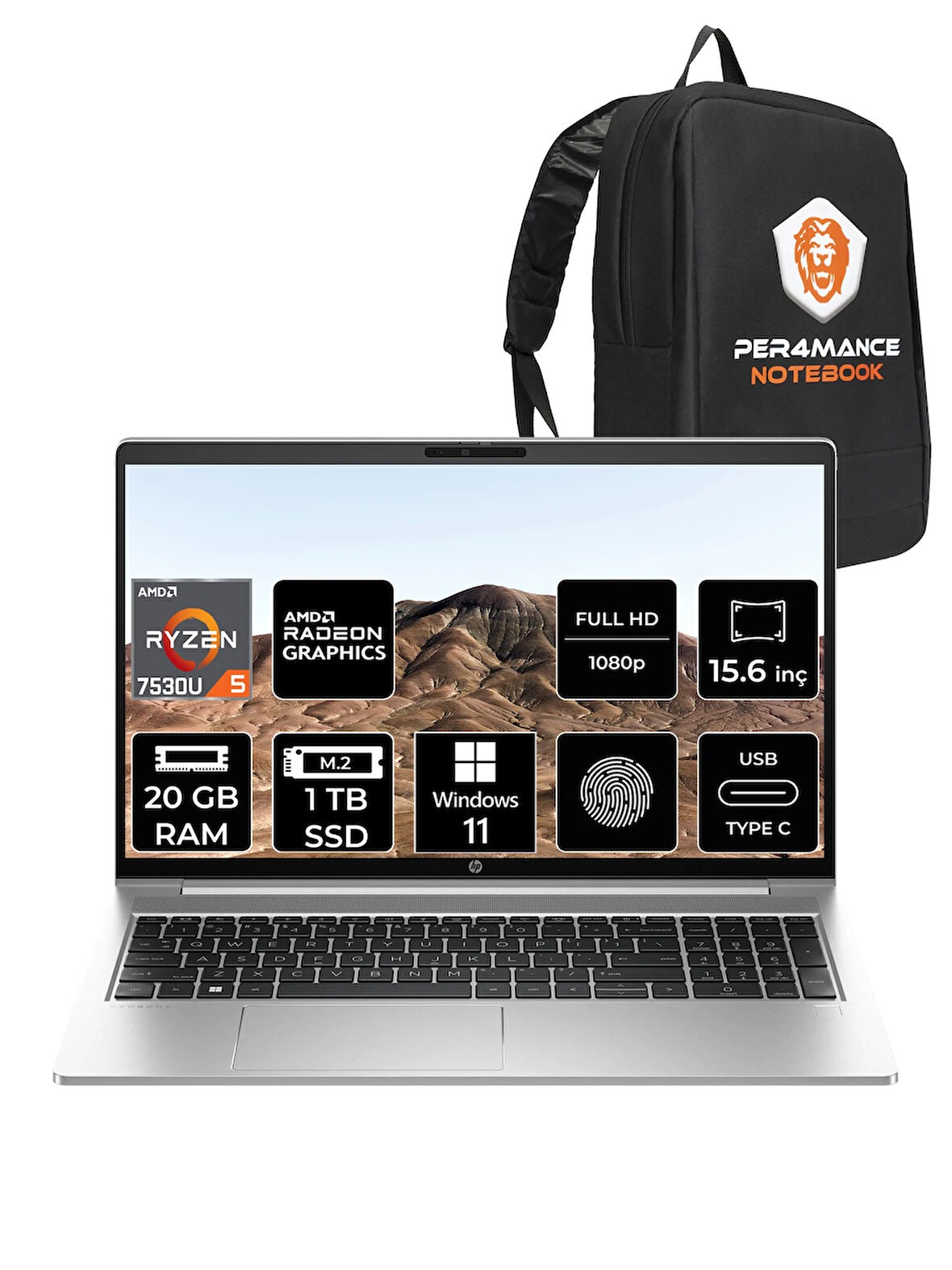 HP ProBook 455 G10 R5 7530U 20GB RAM 1TB SSD 15.6'' FHD W11PRO Dizüstü Bilgisayar & PER4 ÇANTA