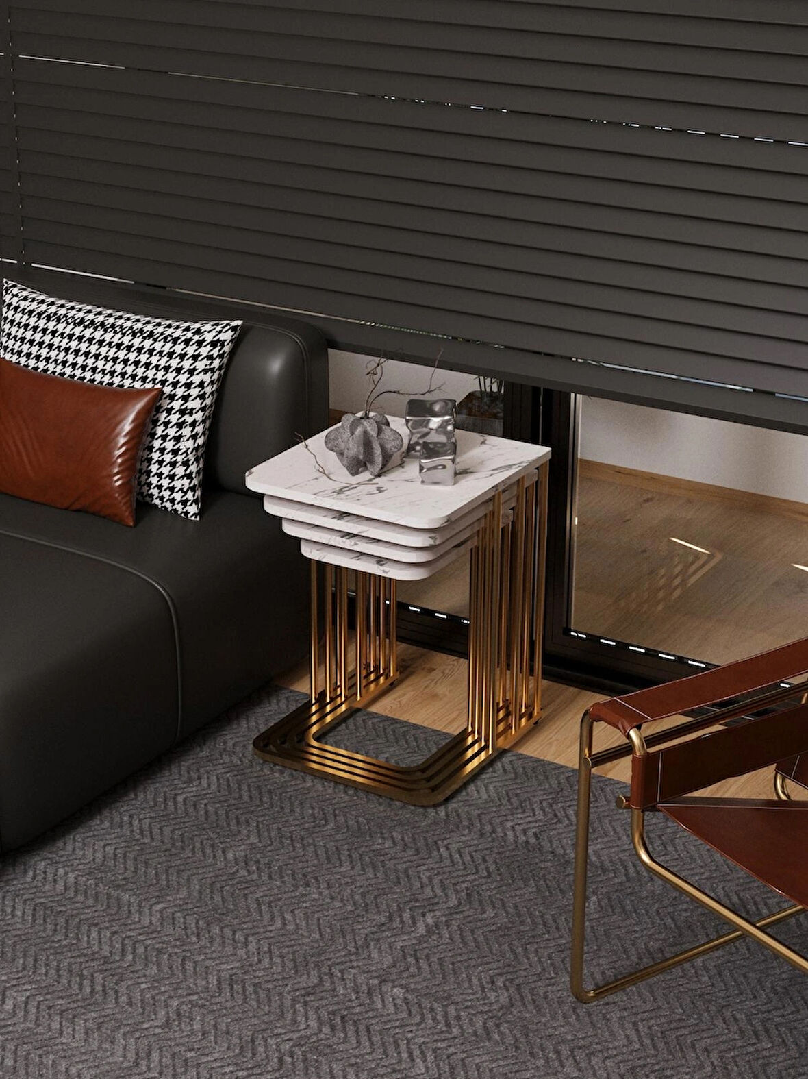 Ceylin 4lü Zigon Sehpa Mdf Tekerlekli Gold Ayak