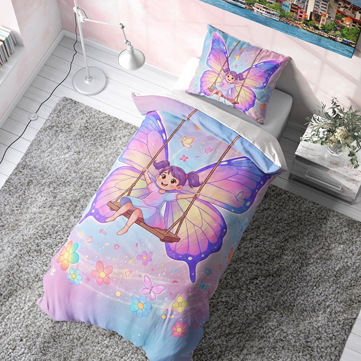  Pembe Kanatlı Peri Çocuk Nevresim Takımı (Çarşafsız)