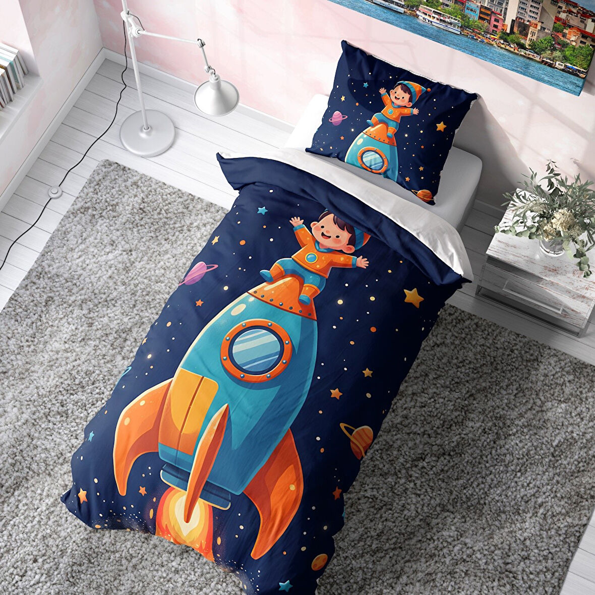 Astronot ve Roketli Çocuk Tasarımlı Nevresim Takımı (Çarşafsız)