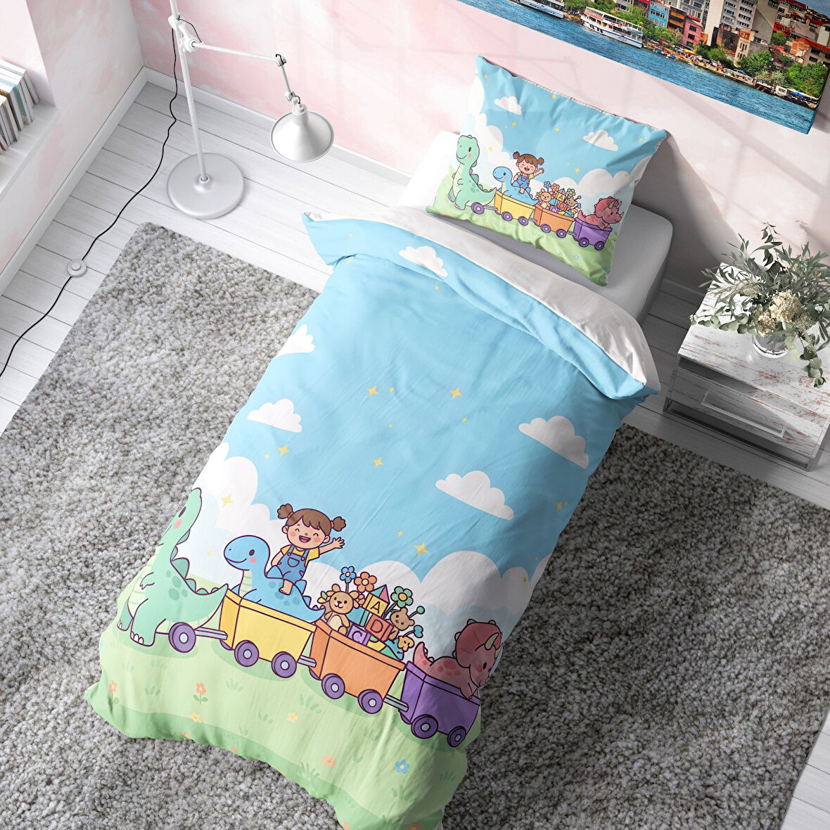  Dinozor Treni Çocuk Nevresim Takımı (Çarşafsız)