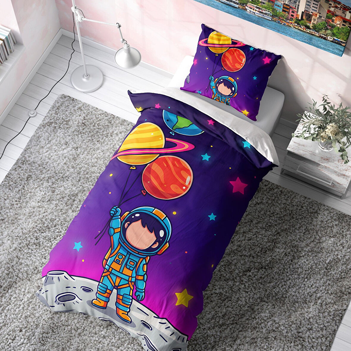 Gezegen Balonlu Astronot Desenli Çocuk Nevresim Takımı (Çarşafsız)