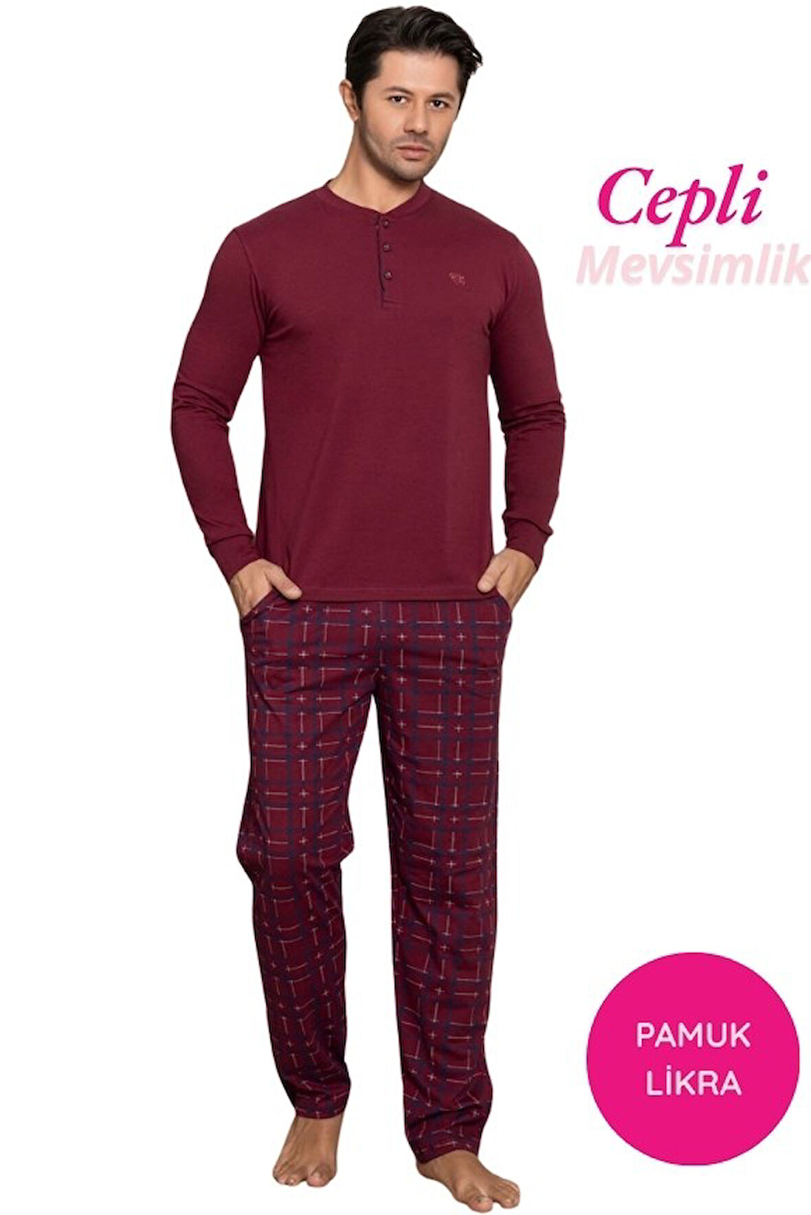 Erkek 3 Düğmeli Ekose Desenli Pamuk Likra Mevsimlik Uzun Kol Manşetli Cepli Pijama Takımı