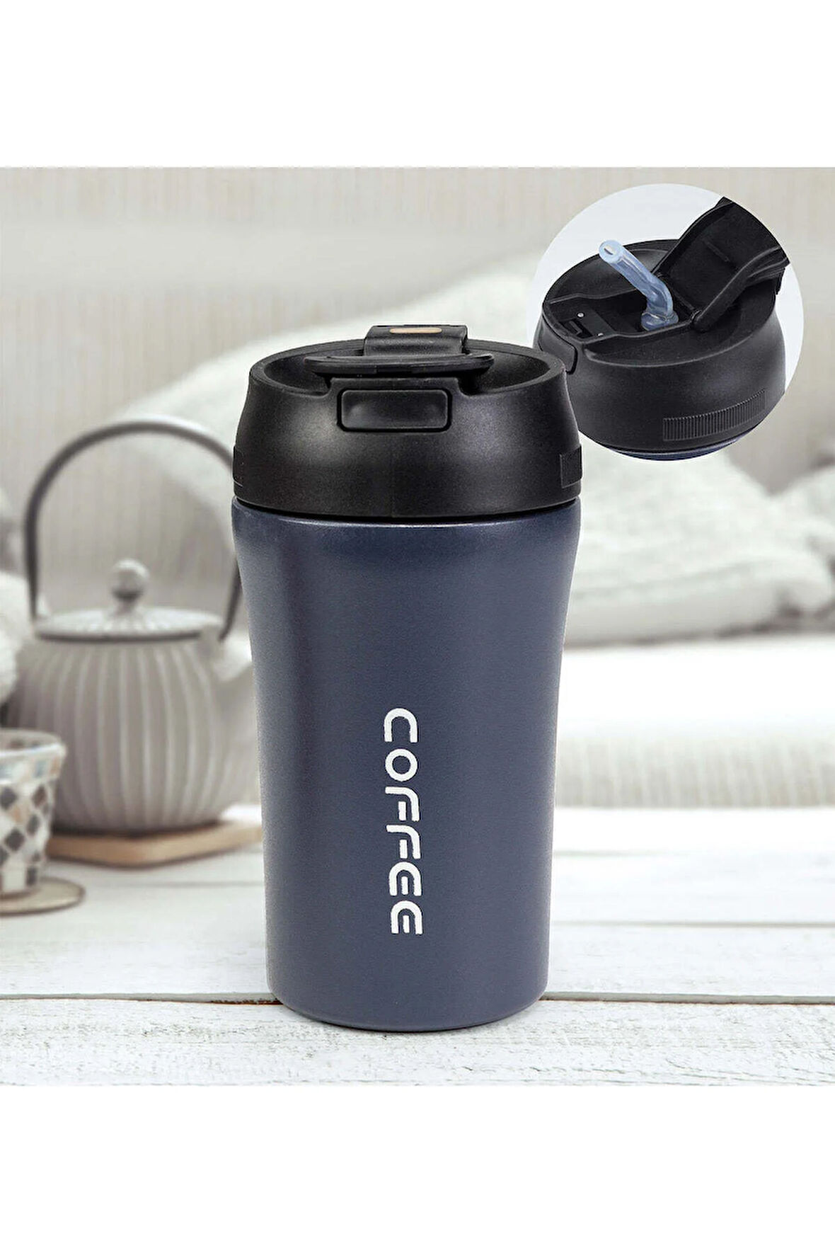 Siyah Pipetli Çelik Termos