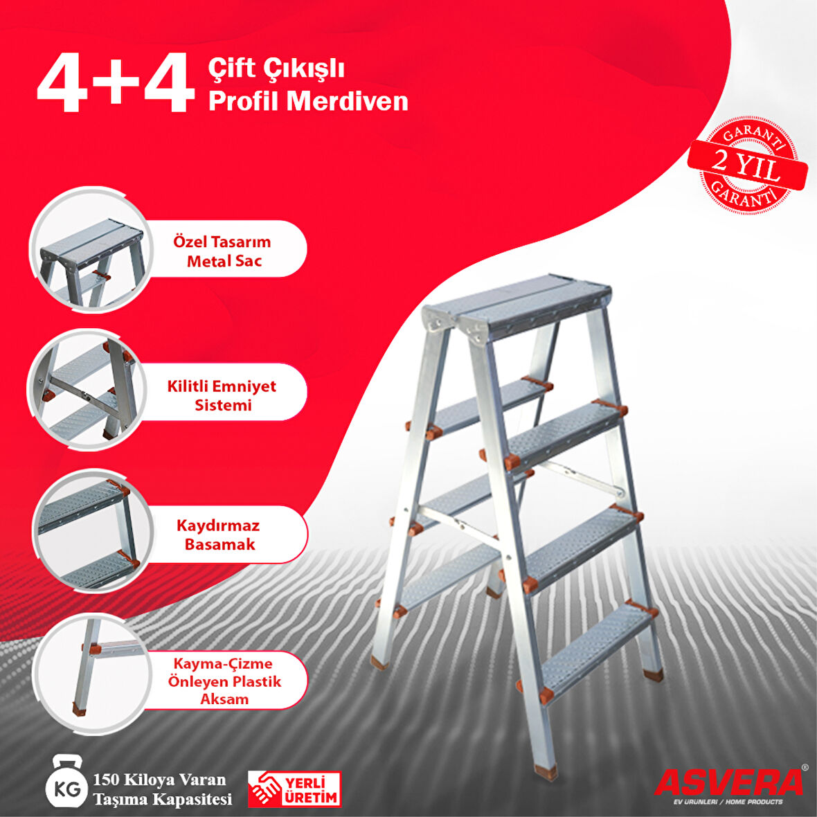 ASVERA - 4+4 Basamaklı Çift Çıkışlı Galvanizli Profil Merdiven (Ev, bahçe, işyeri için uygun)