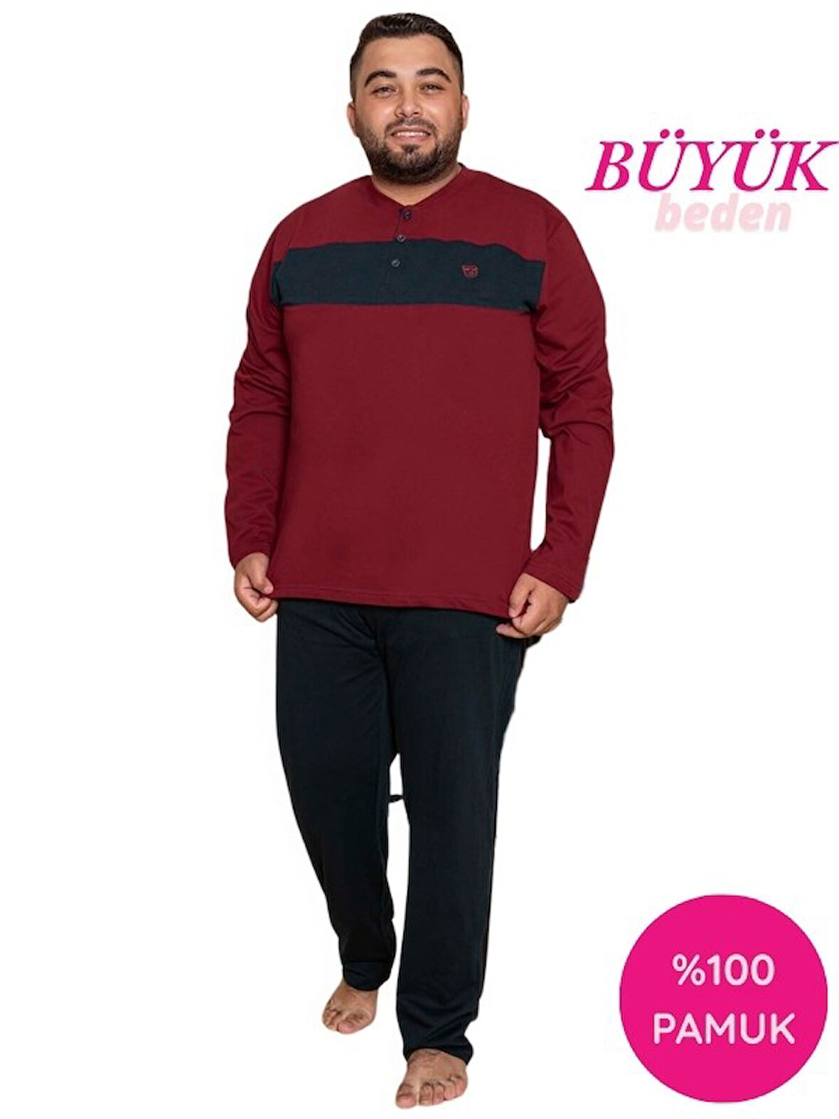 Erkek Büyük Battal Beden Desenli 3 Düğmeli %100 Pamuk Mevsimlik Uzun Kol Cepli Pijama Takımı