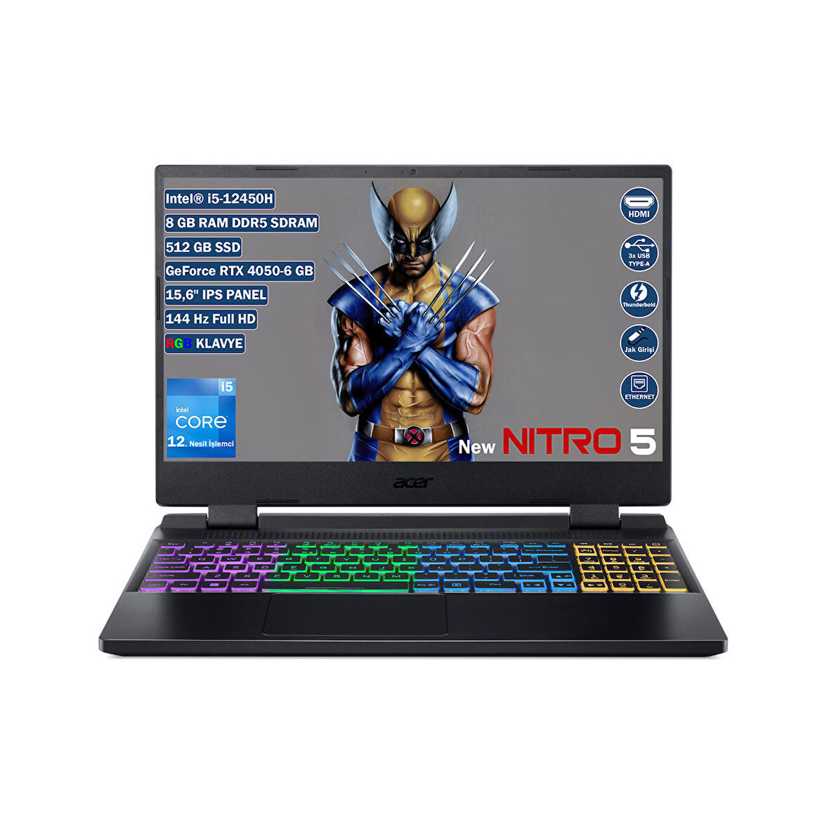 Acer Nitro 5 Intel Core i5 12450H 8 GB 512 GB SSD Rtx 4050 - 6 GB Freedos 15.6" FHD 144 Hz IPS Panel Taşınabilir Bilgisayar NH.QLZEY.007