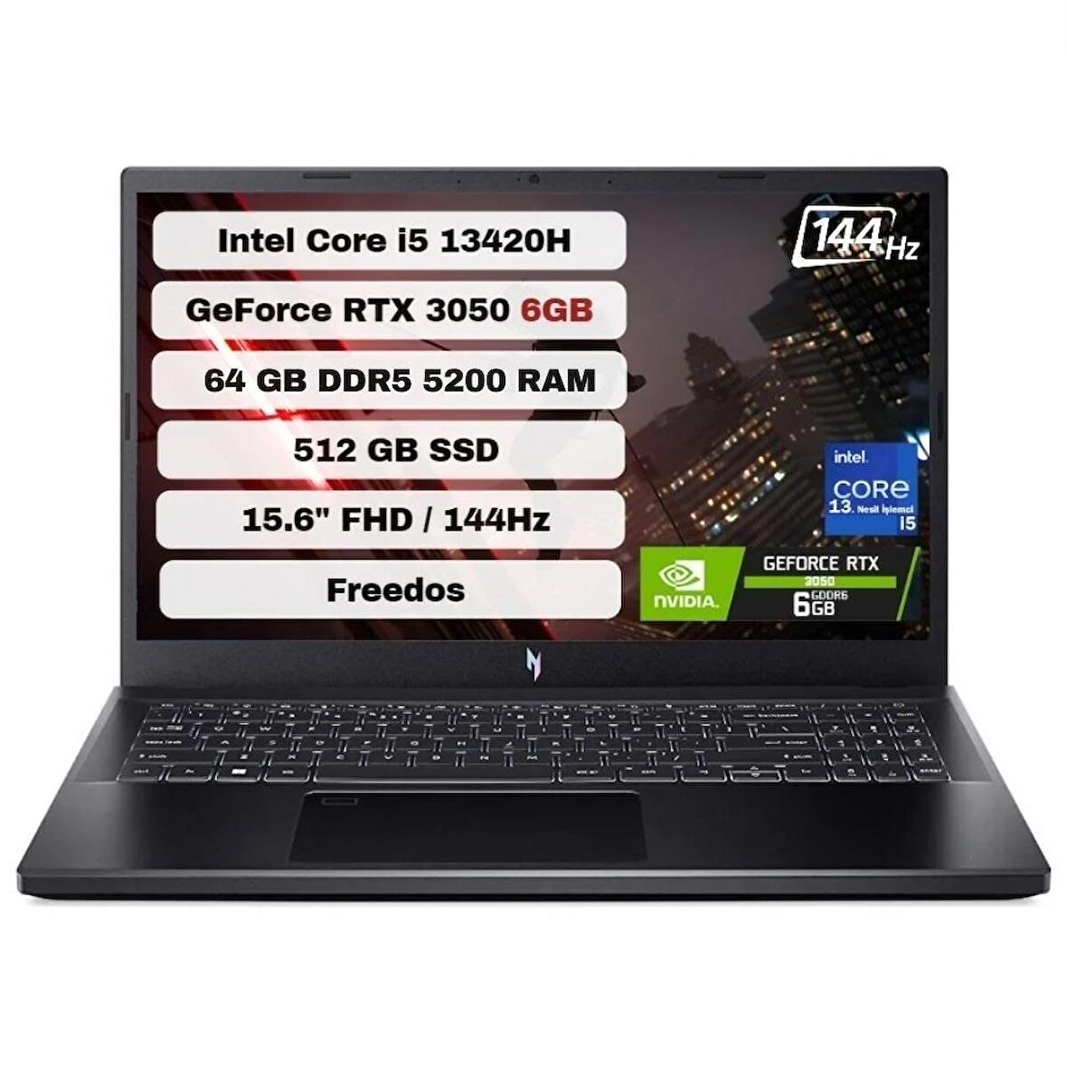 Acer Nitro V 15 NH.QNCEY.00164 Intel Core i5 13420H 64GB 512GB SSD RTX3050 Freedos 15.6'' FHD Taşınabilir Bilgisayar ANV15-51