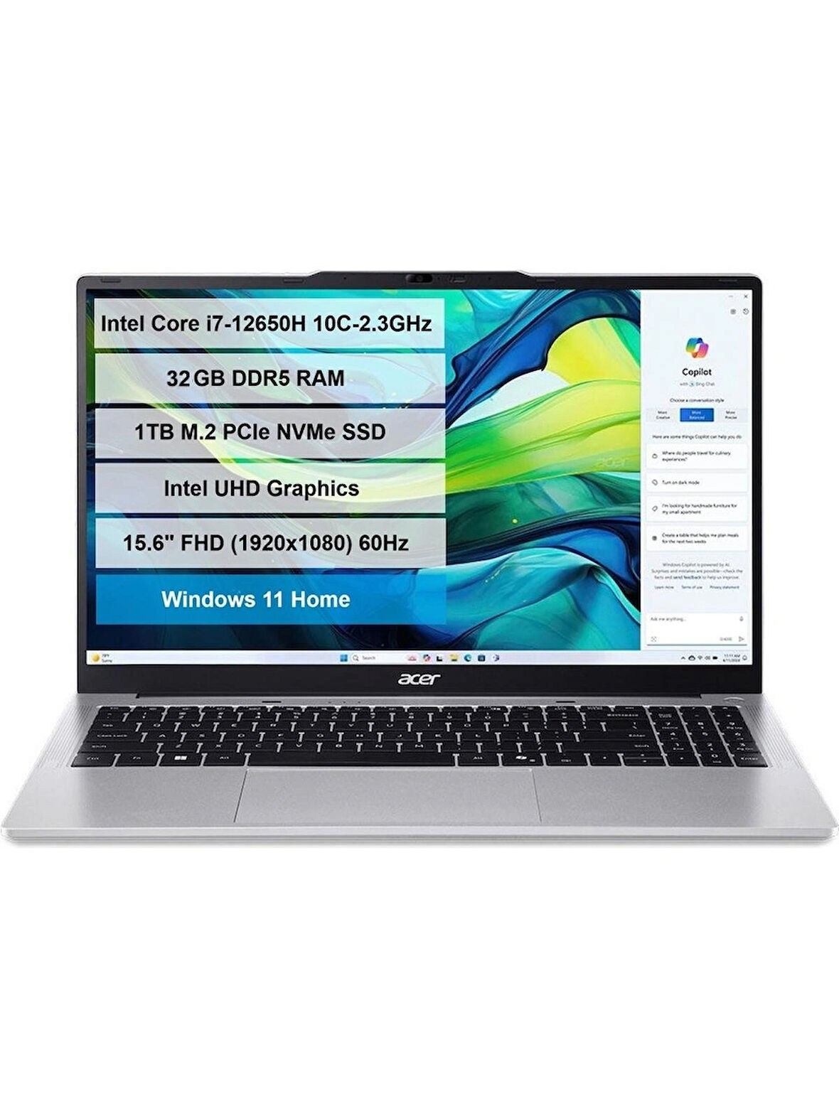Acer Aspire Lite Intel Core I7-12650H 32GB Ddr5 1tb SSD 15.6" Fhd WINDOWS 11 Home AL15-71P-735B-01