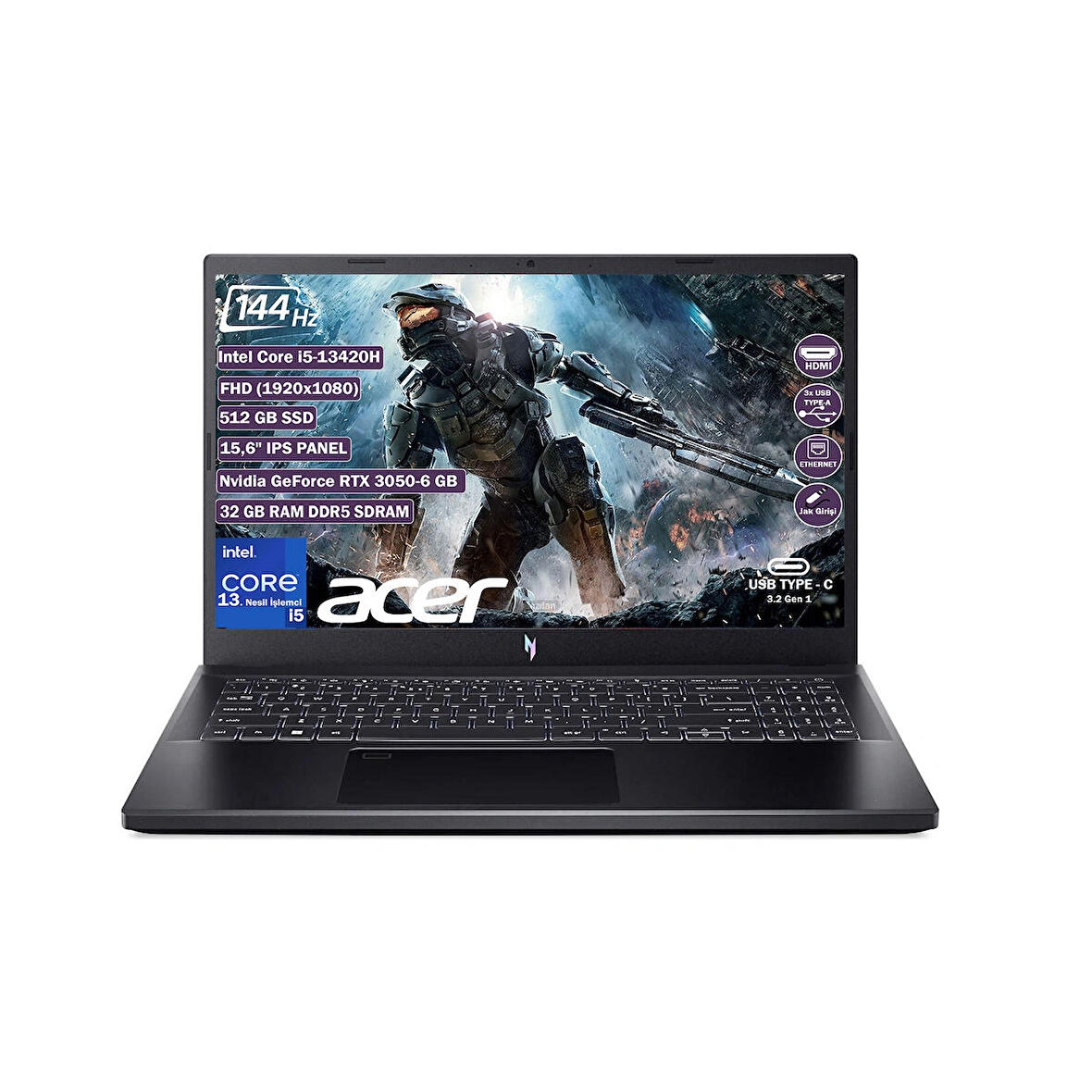 Acer Nitro V 15 ANV15-51 I5 13420H 32 GB 512 GB SSD Rtx 3050-6 GB Freedos 15.6" Fhd IPS Taşınabilir Bilgisayar NH.QNCEY.001+325