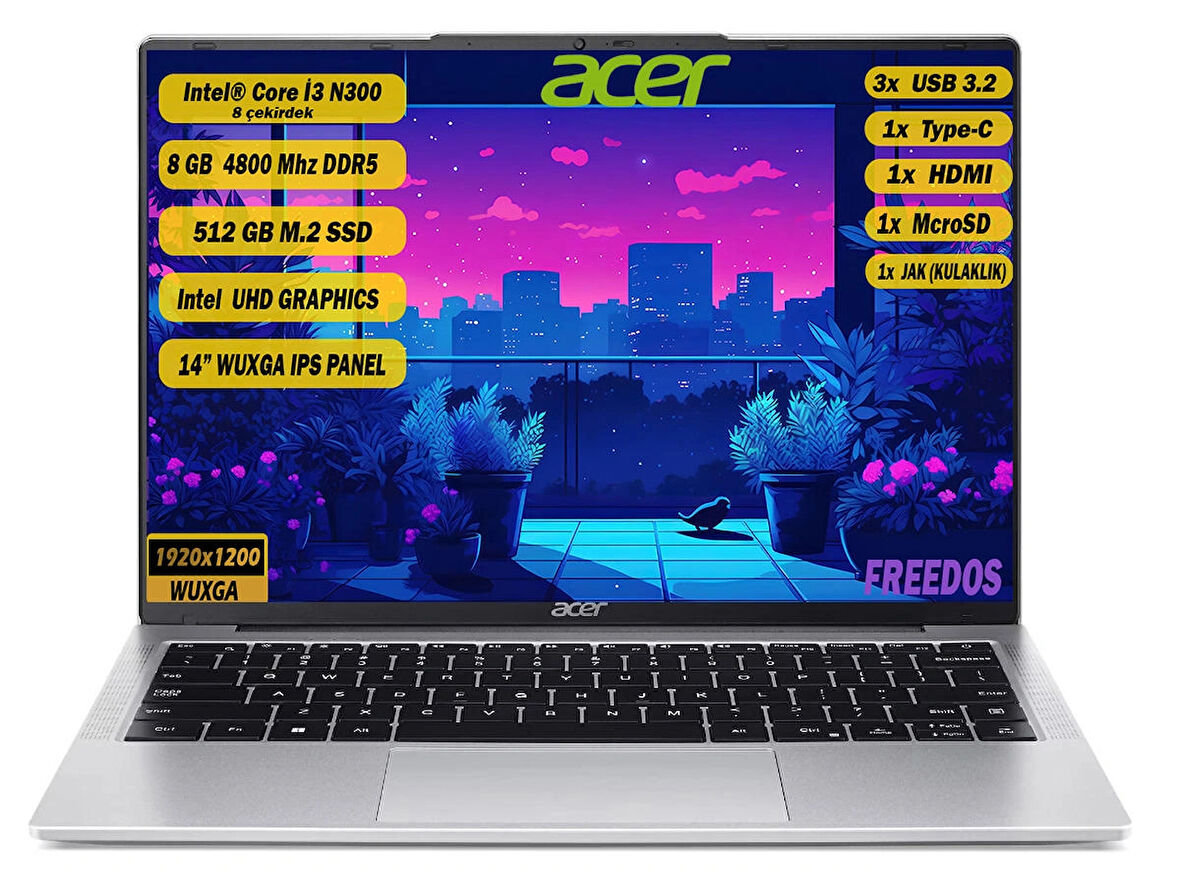 Acer Aspire Intel Core i3-N300 8 GB 512 GB SSD Freedos 14" WUXGA IPS Taşınabilir Bilgisayar NX.KS9EY.002