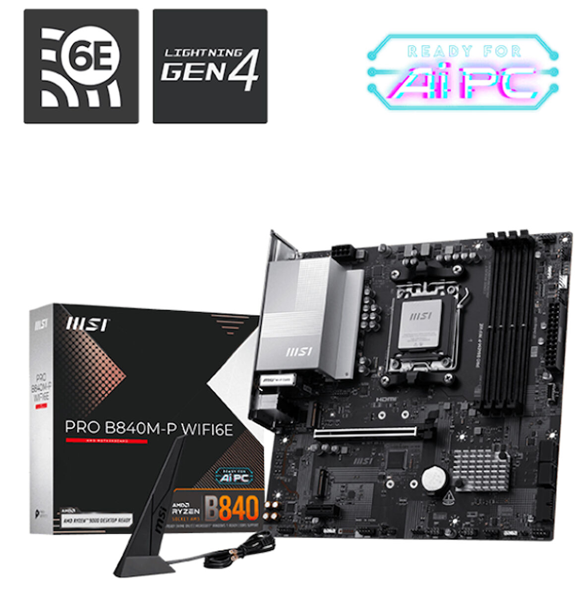 MSI PRO B840M-P WIFI6-E DDR5 AMD B840 AM5 Soket DDR5 8000+(OC)MHz mATX Anakart