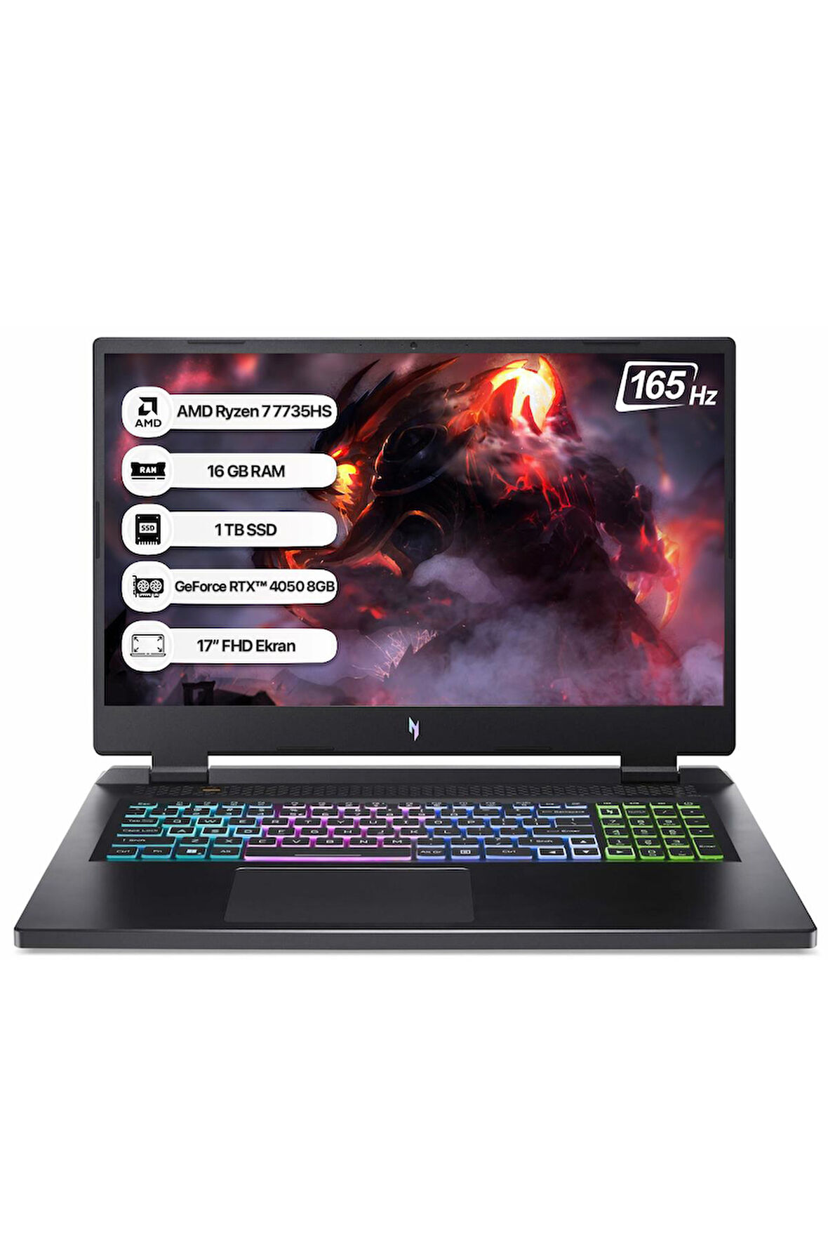 Acer Nitro 17 NH.QL1EY.003 Ryzen 7-7735HS 16GB 1TB SSD RTX4050-8GB 17.3"FHD 165Hz Linux Taşınabilir Bilgisayar