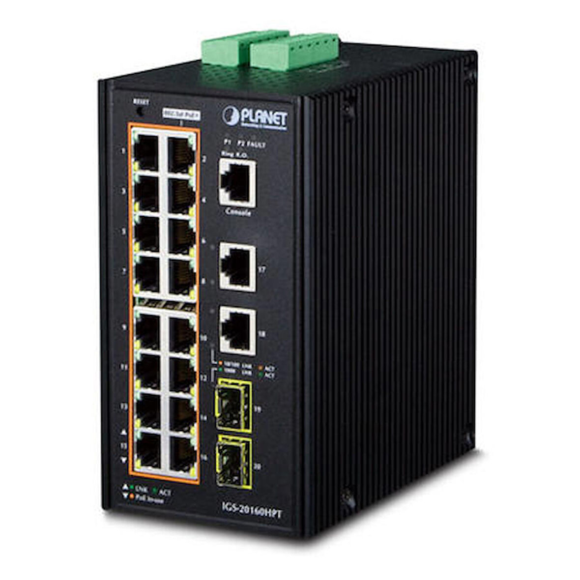 Planet PL-IGS-20160HPT 16 Port Gigabit PoE+ 2 Port Gigabit 2 Port SFP 320W PoE Endüstriyel Switch