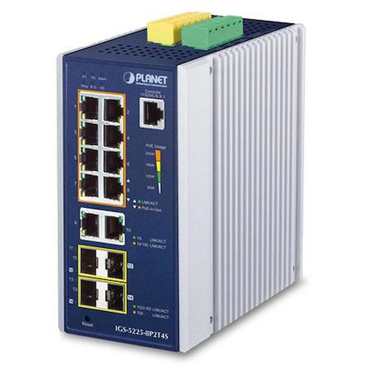 Planet PL-IGS-5225-8P2T4S 14 Port 8 Port 100T PoE 240W 2 Port 1000T 2 Port SFP Endüstriyel Switch