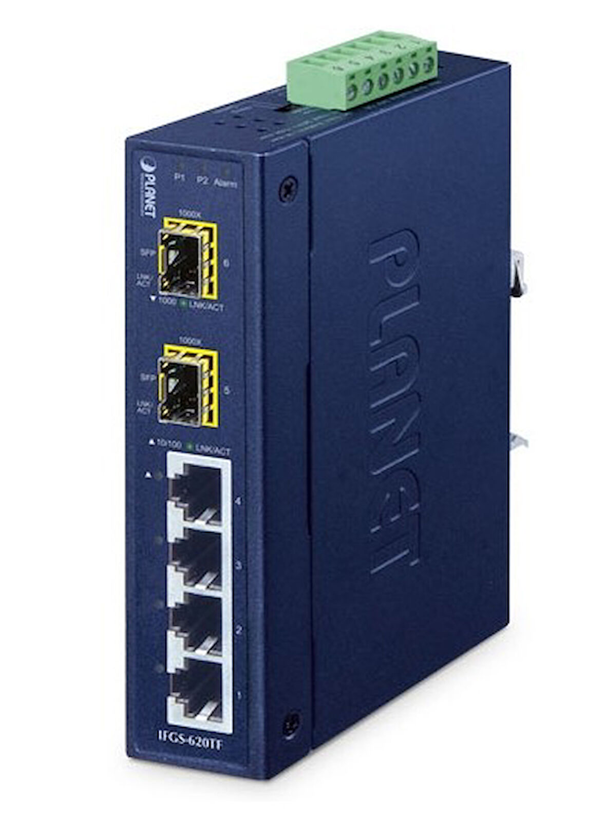 Industrial 4-Port 10/100BASE-TX + 2-Port 1000BASE-X SFP Ring Ethernet Switch (-40 to 75 degree C, dual 9~48V DC/24V AC, Fiber ports Switch/Ring mode via DIP switch, super-fast, fault-tolerant ring redundancy, PROFINET traffic pass-through with QoS)