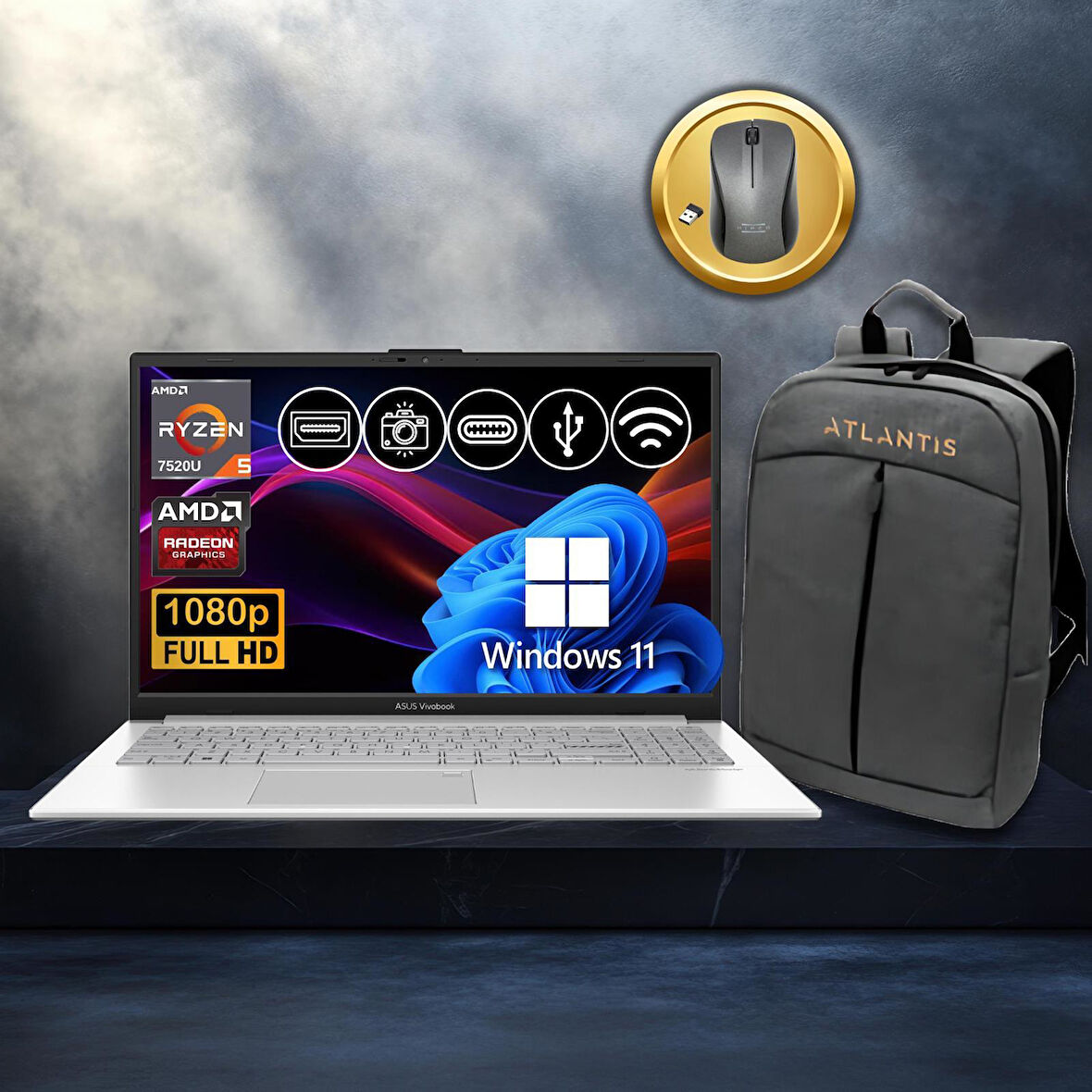 Asus Vivobook Go 15 Ryzen5-7520U 8GB 512GB Nvme SSD E1504FA-BQ1741 Atl29 15.6" Win11Pro Notebook+Çanta+Mouse