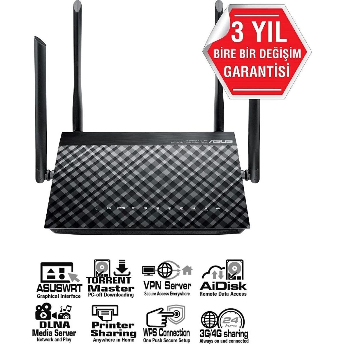 Asus DSL-AC55U DualBand Torrent Bulut Dlna 4G Vpn ADSL VDSL-FiBER Modem Router