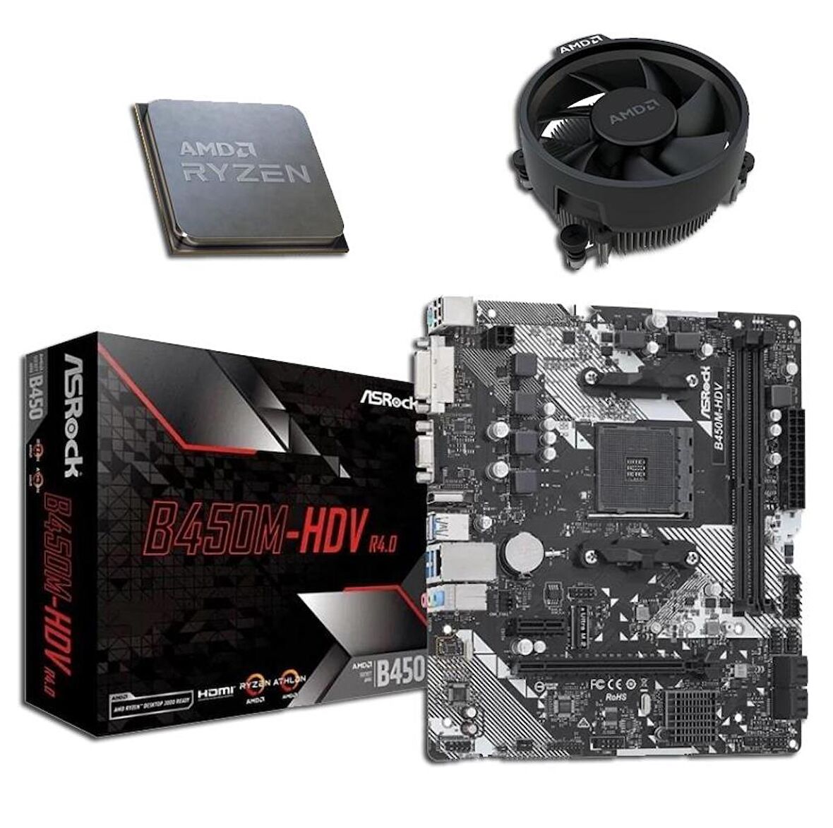 ASROCK B450M-HDV R4.0 DDR4 SATA3 M2 PCIe NVME HDMI DVI PCIe 16X v3.0 AM4 mATX + AMD Ryzen 5 5600 + AMD Orijinal Fan