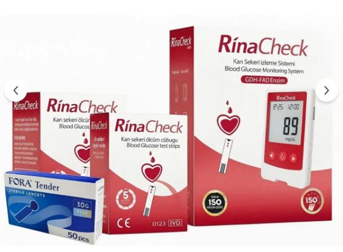 Şeker Ölçüm Cihazı Rina Check + Strip (2 Kutu – 100 adet) + Lanset (50 Adet)