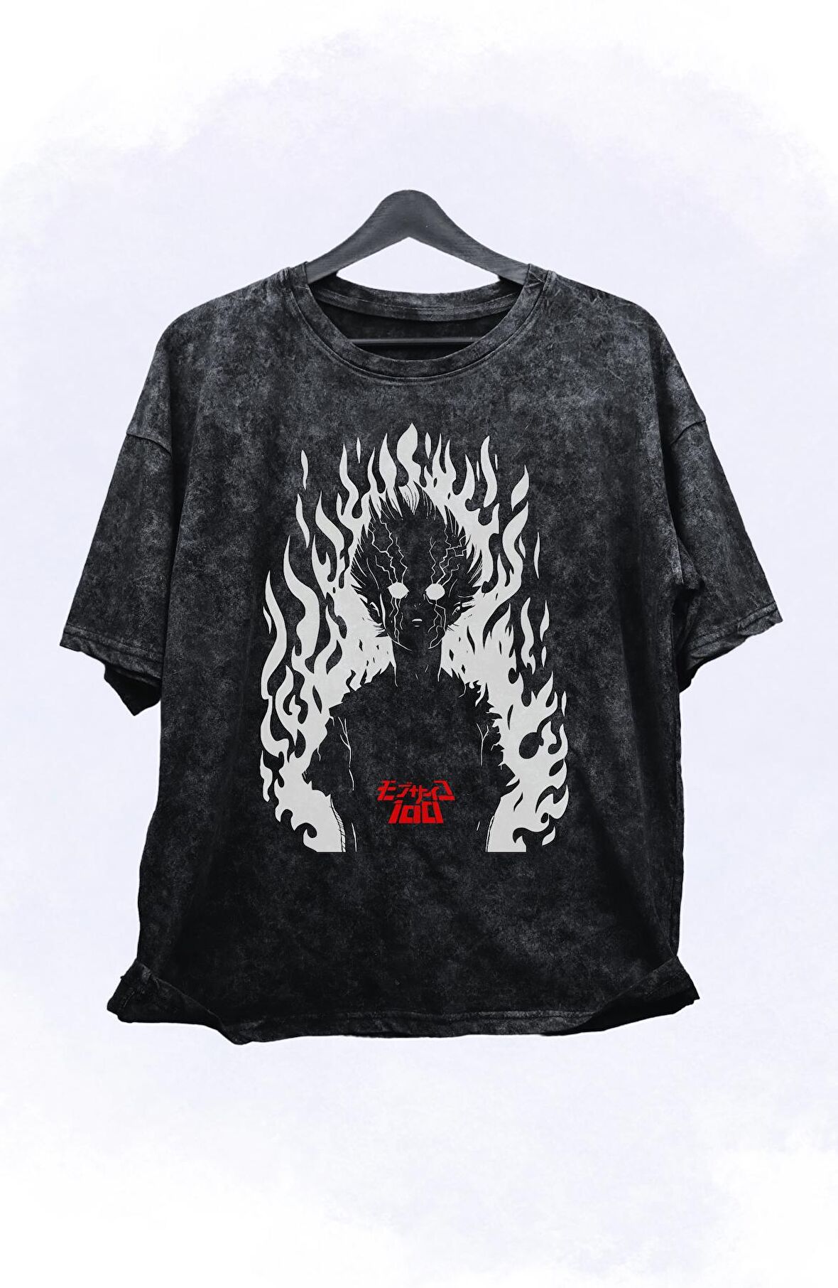 Unisex Mob Psycho Retro Tişört, Oversize Anime Baskılı Yıkamalı T-Shirt