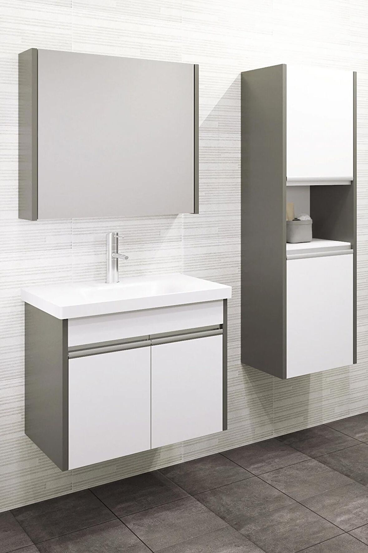 Aden 65 Cm Banyo Dolabı - Antrasit / Beyaz (Boy Dolap Dahil)