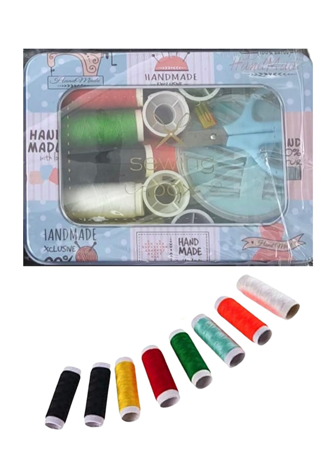 İplik Set Teneke Kutu Kare Plastik Dikiş Seti