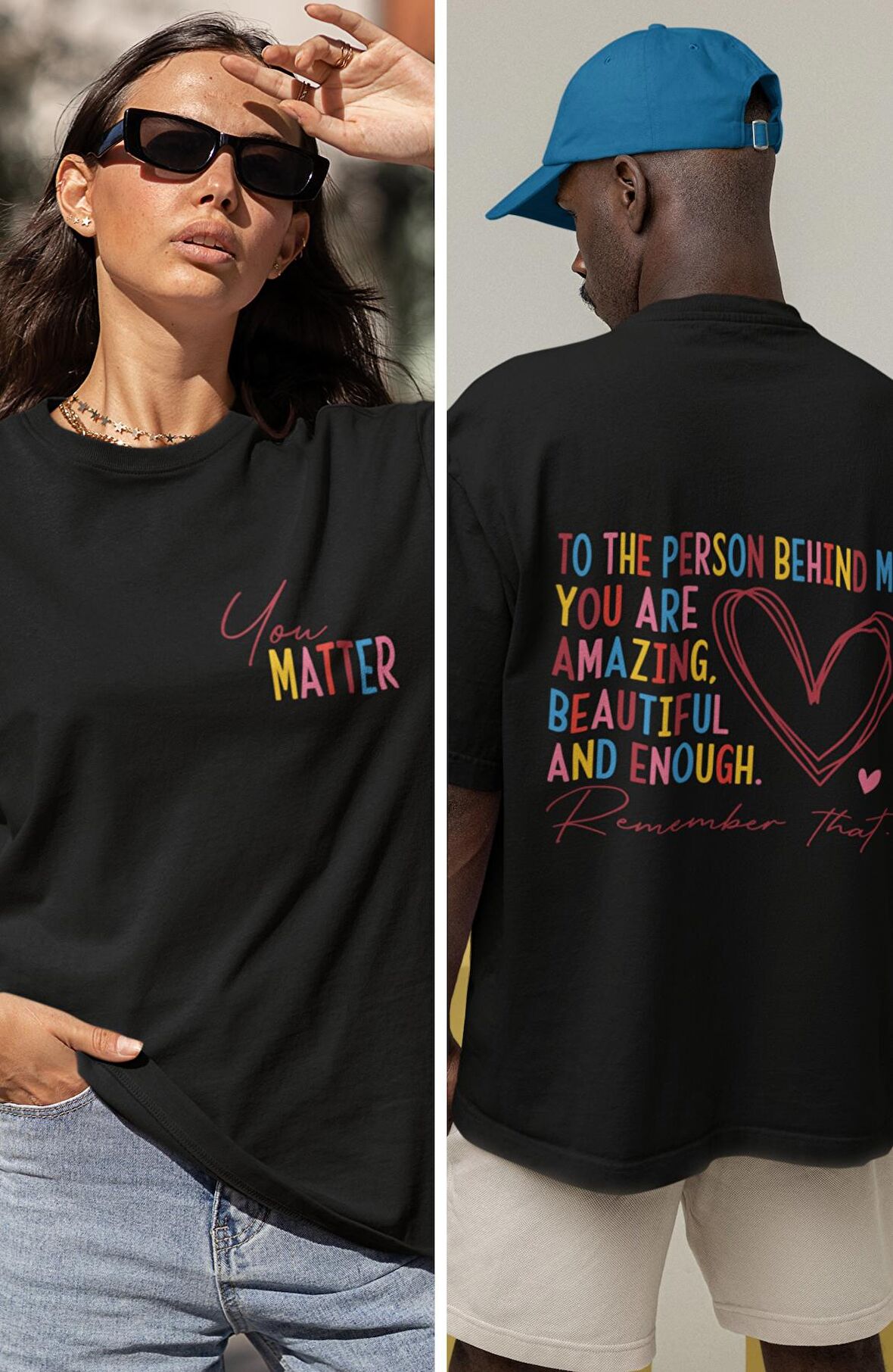 Unisex Renkli You Matter Yazılı Sırt Baskılı Tişört, Oversize Renkli Baskılı T-Shirt