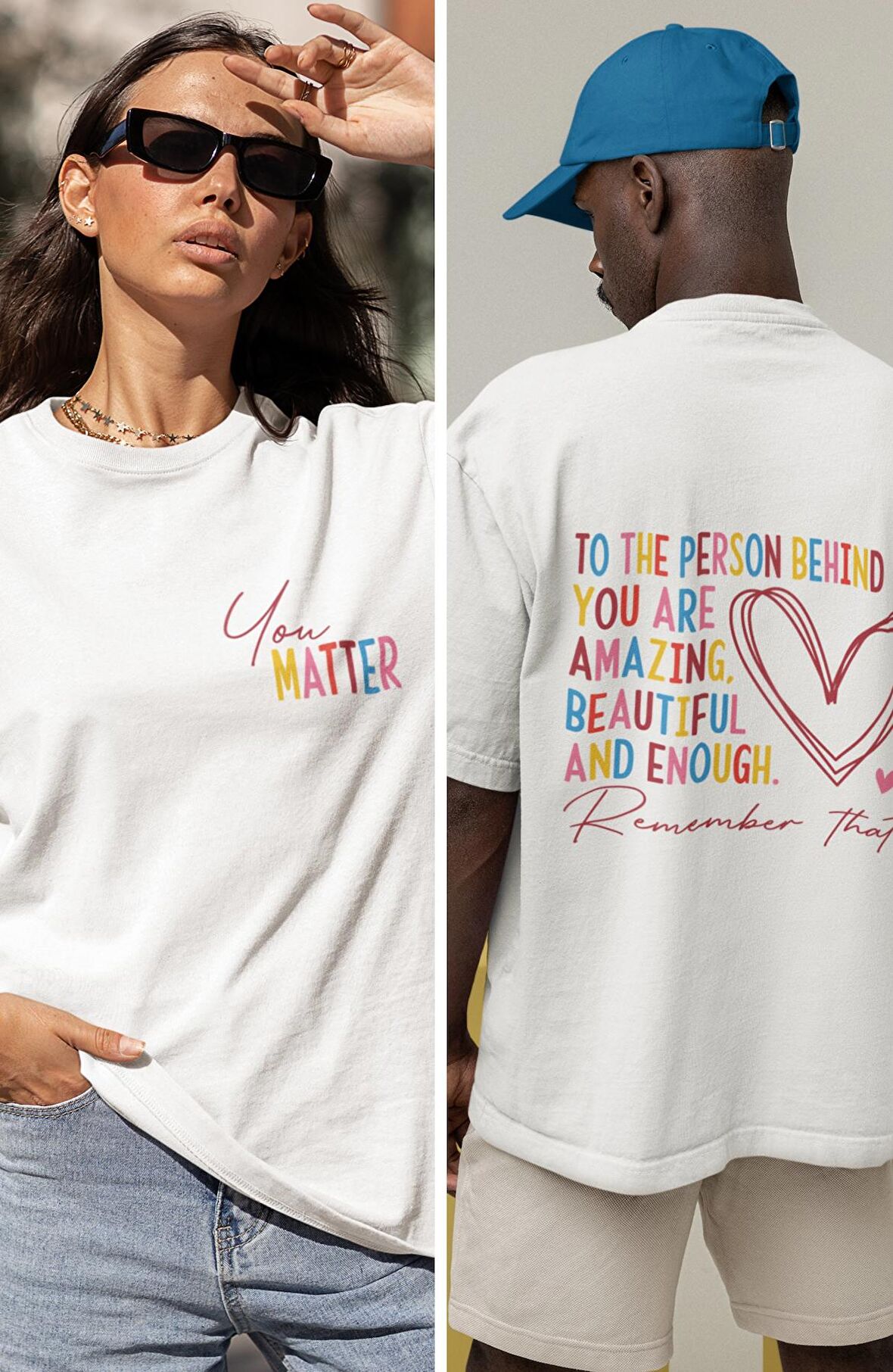 Unisex Renkli You Matter Yazılı Sırt Baskılı Tişört, Oversize Renkli Baskılı T-Shirt