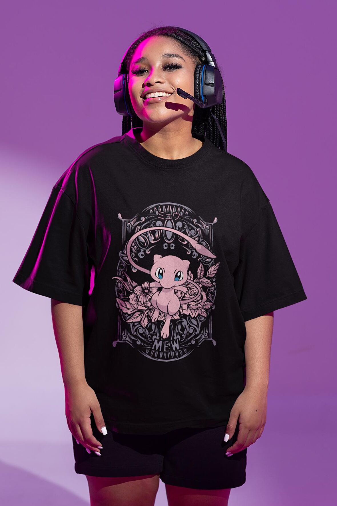Unisex Oversize Mew Baskılı Tişört, Erkek-Kadın Pokemon Baskılı T-Shirt