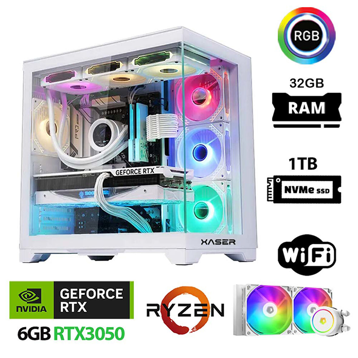 Xaser Sword X90 Ryzen 5 5600 32GB Ram 1TB M.2 NVMe SSD 6GB RTX3050 Sıvı Soğutmalı Oyuncu Bilgisayarı