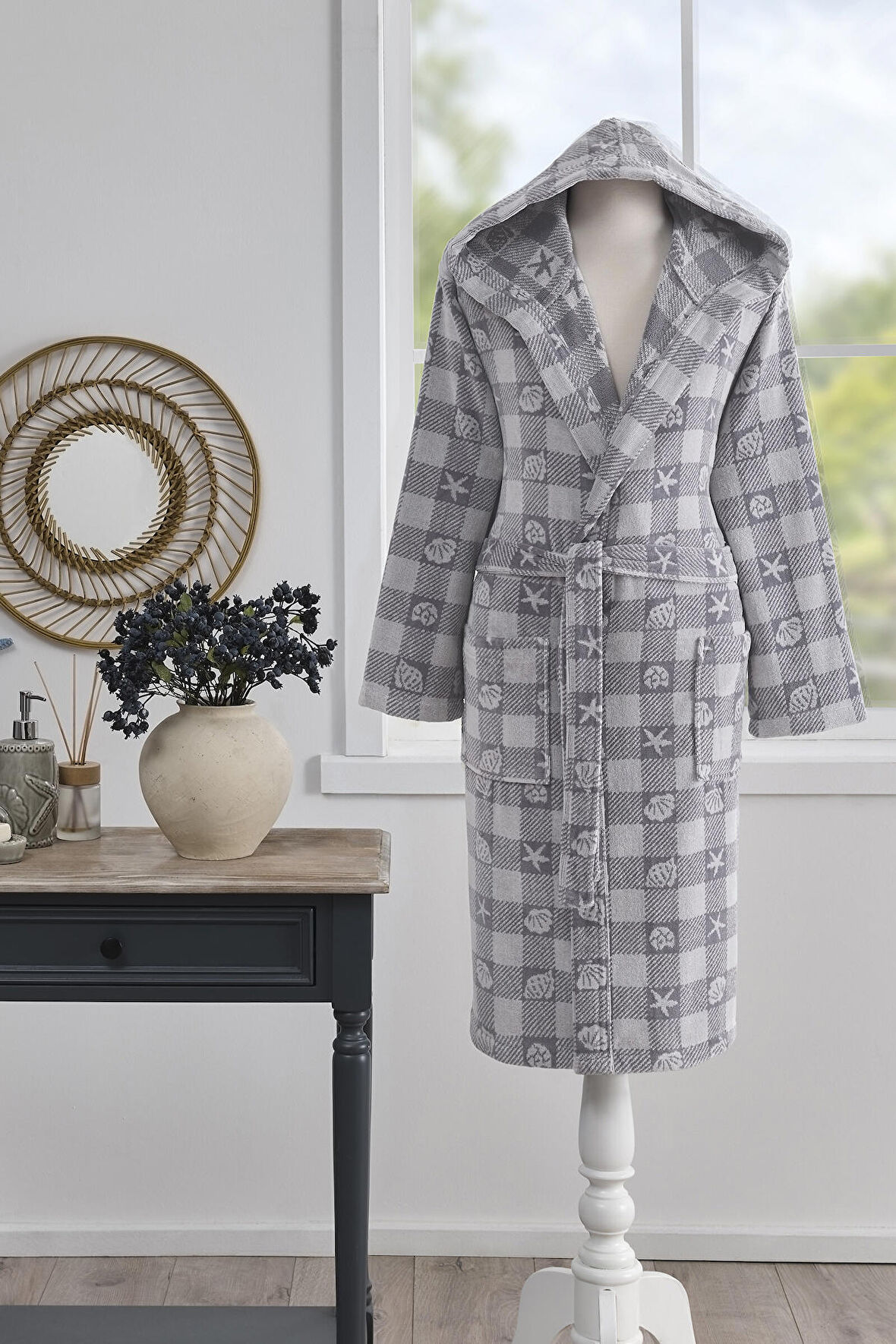 Özdilek Shell Plaid Kadife Şal Yaka Bornoz