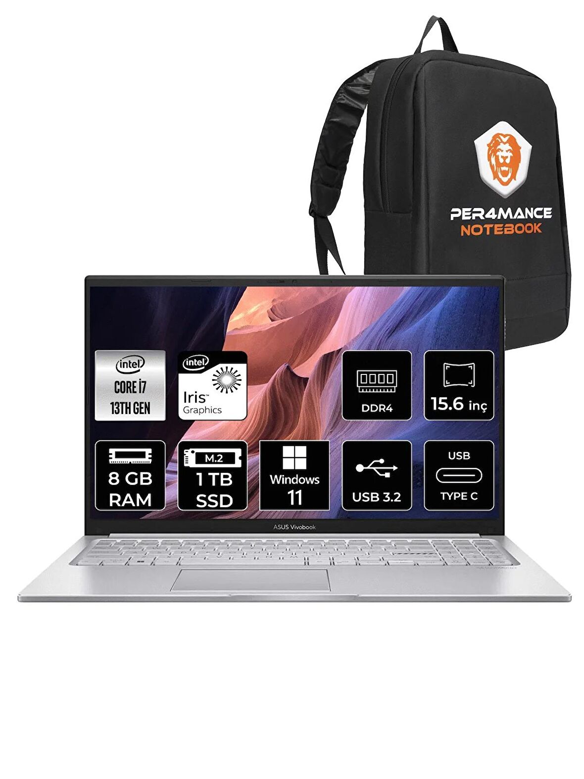 ASUS Vivobook 15 X1504VA i7 1355U 8GB RAM 1TB SSD 15.6'' FHD W11HOME NJ195W & PER4 ÇANTA
